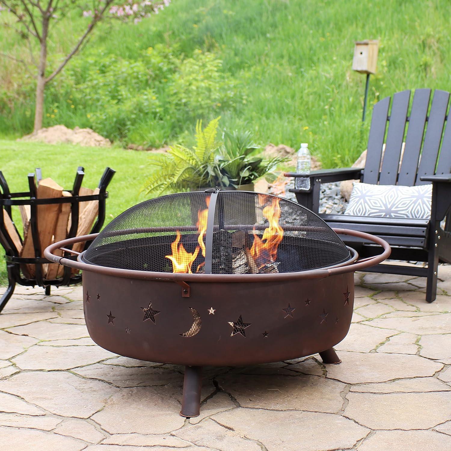 Sunnydaze Cosmic 42" Round Wood-Burning Bronze Finish Steel Fire Pit with Spark Screen