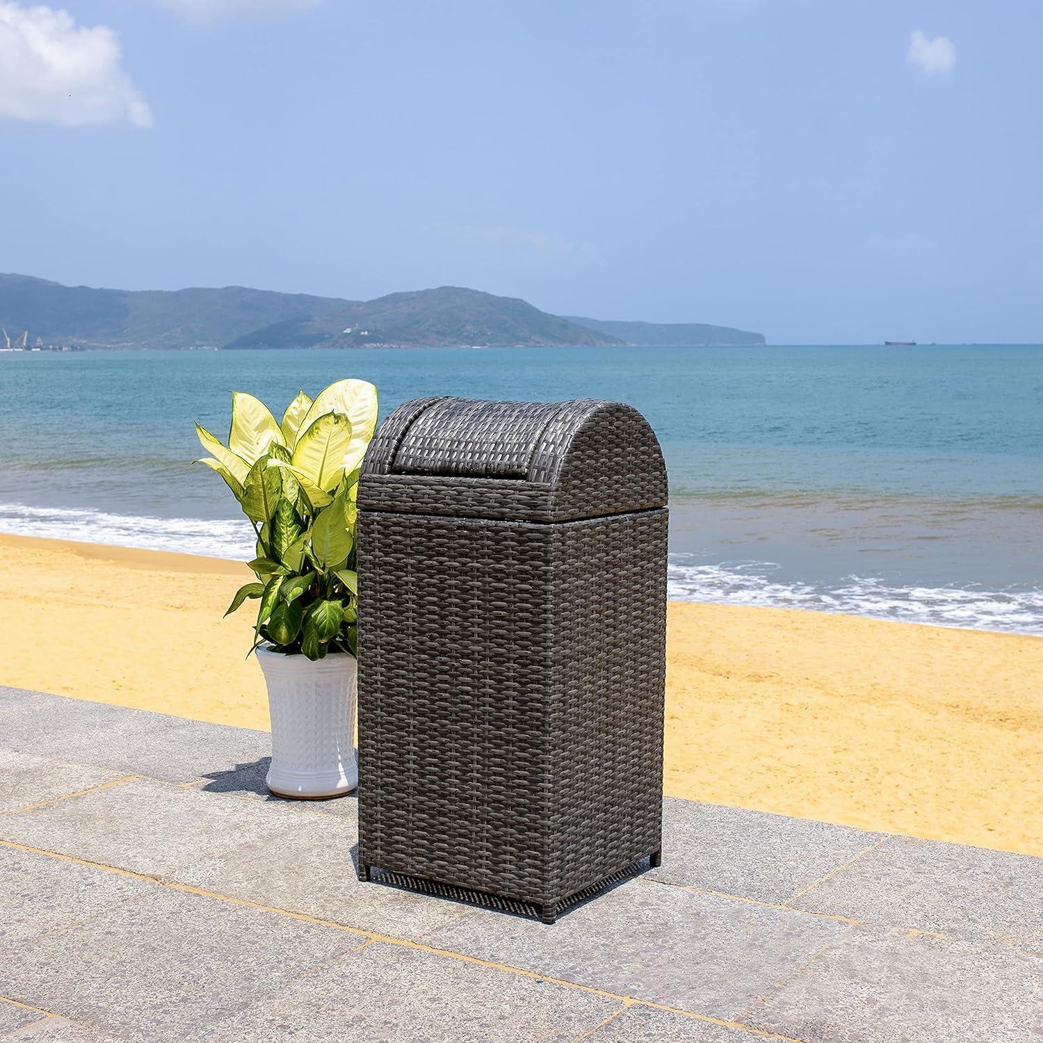 Grey Brown Woven Outdoor Trash Bin with Swing Top