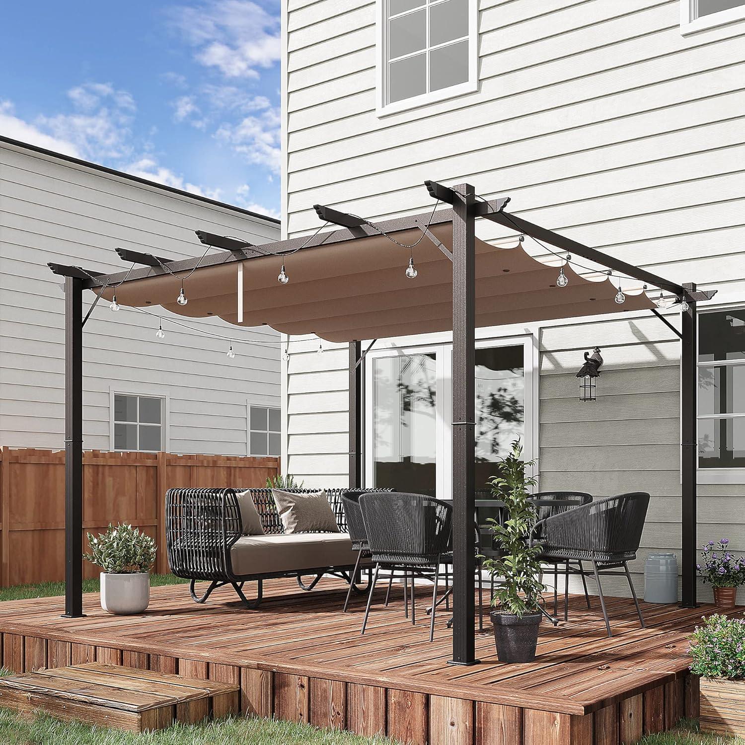 Outsunny 10' x 10' Pergola with Retractable Shade Canopy, Aluminum, Brown