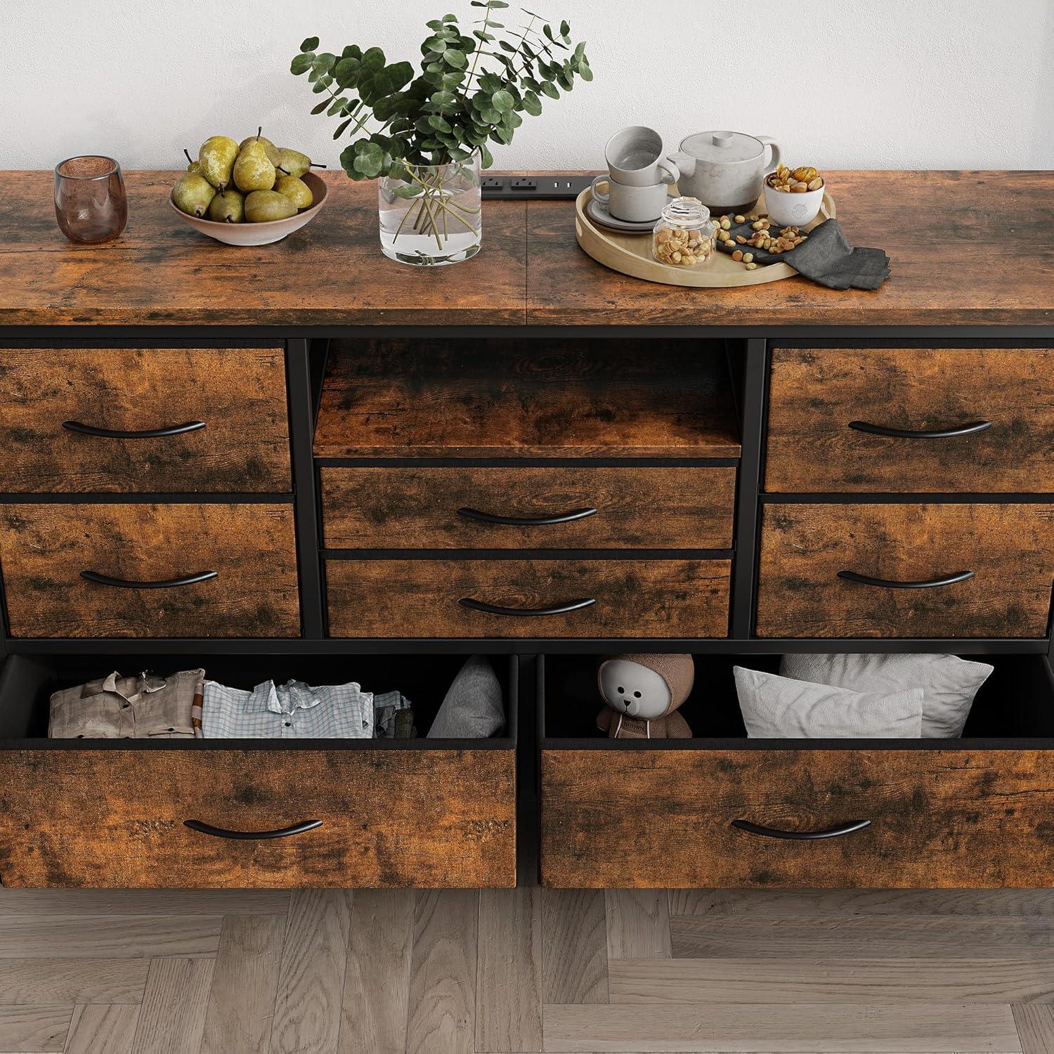 INDSUMOT 8 Dresser TV Stand with Power Outlet & LED for 55'' TV, Long Dresser for Bedroom with 8 Deep Drawers, Wide Console Table for Storage in Closet, Living Room, Entryway, Wood Top(Rustic Brown)