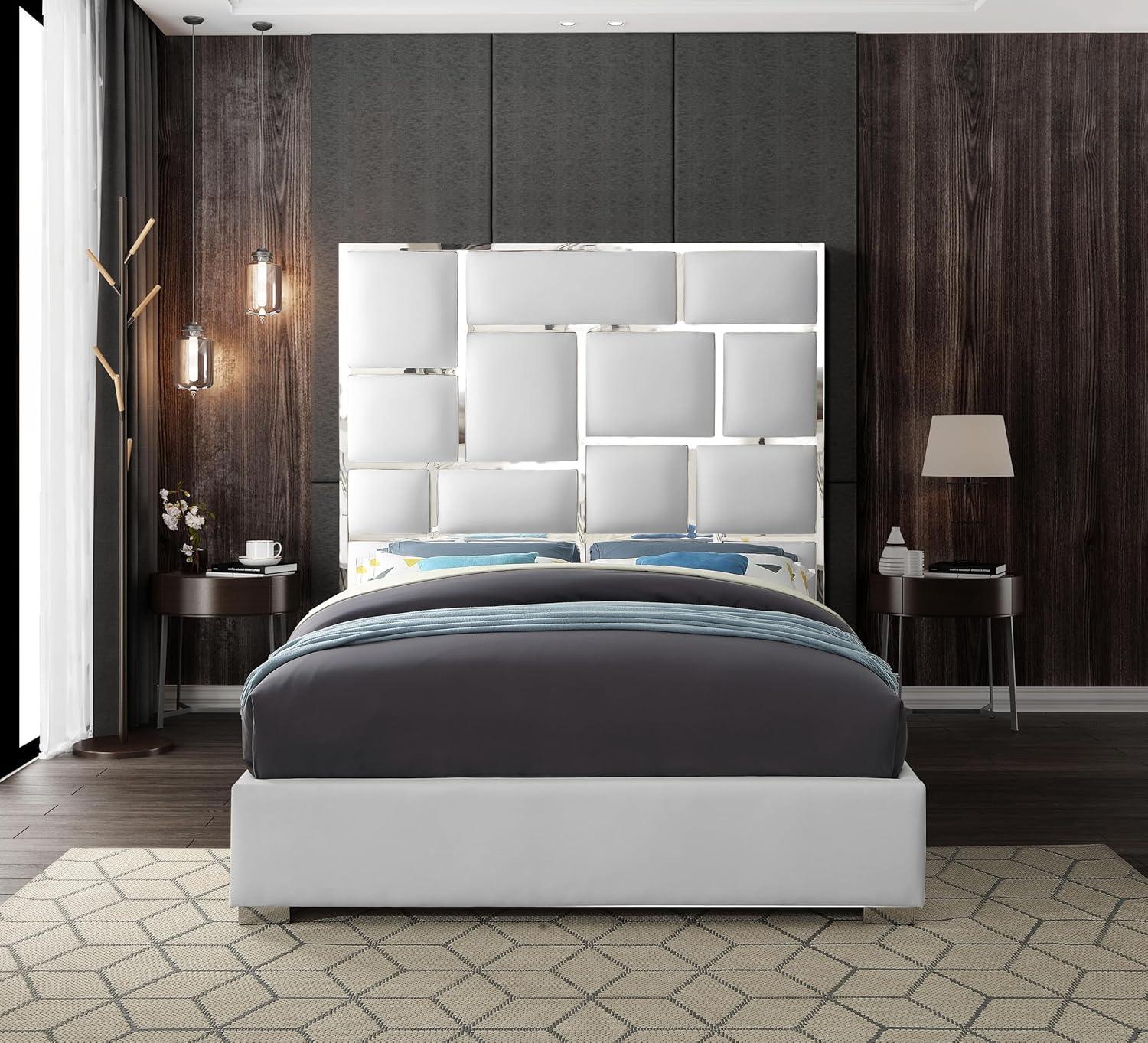 Meridian Furniture Milan Solid Wood and Faux Leather Queen Bed in White
