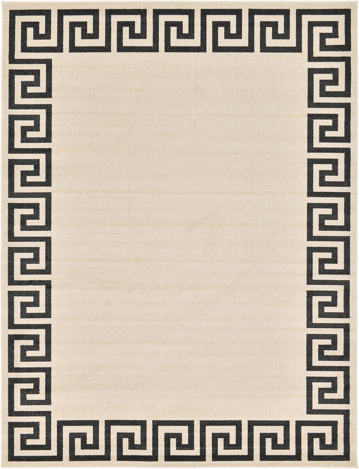 Athens Beige and Black Geometric Border 9' x 12' Area Rug