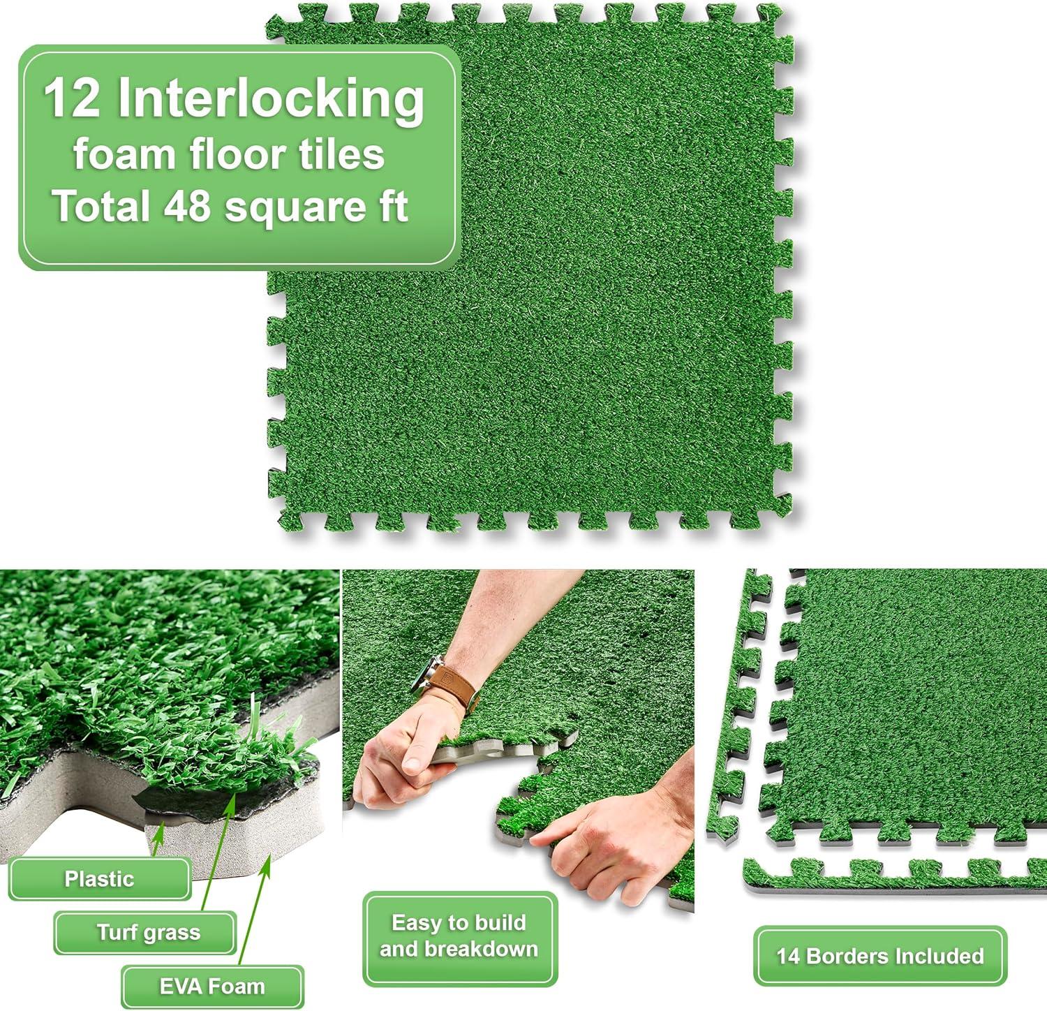 Sorbus Grass Mat Interlocking Floor Tiles, Soft Artificial Grass Carpet, Multipurpose Foam Tile Flooring, Great for Patio, Playroom, Gym, Tradeshow (12 Pieces, Borders)