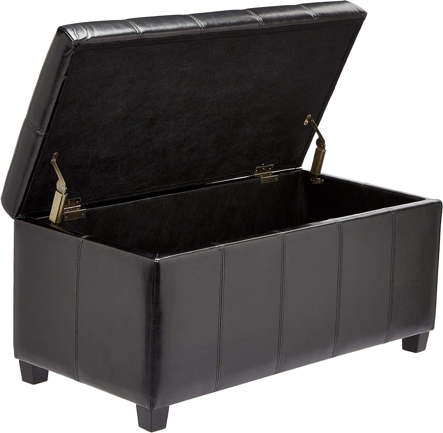 Midnight Black Faux-Leather Rectangular Storage Ottoman Bench