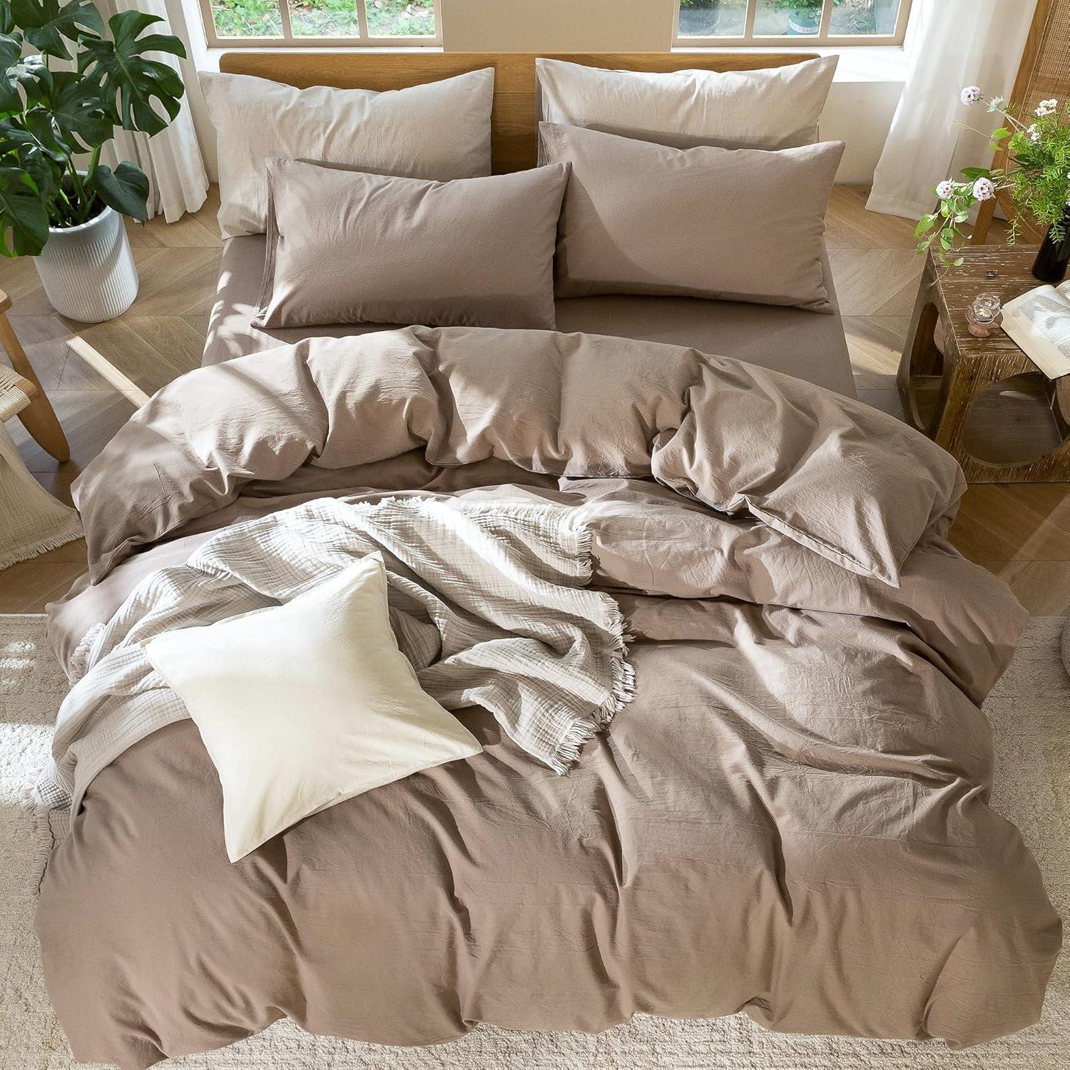 MooMee Washed Cotton Duvet Cover Set Linen Like Textured Breathable 3-Piece (Mocha Brown, Queen)
