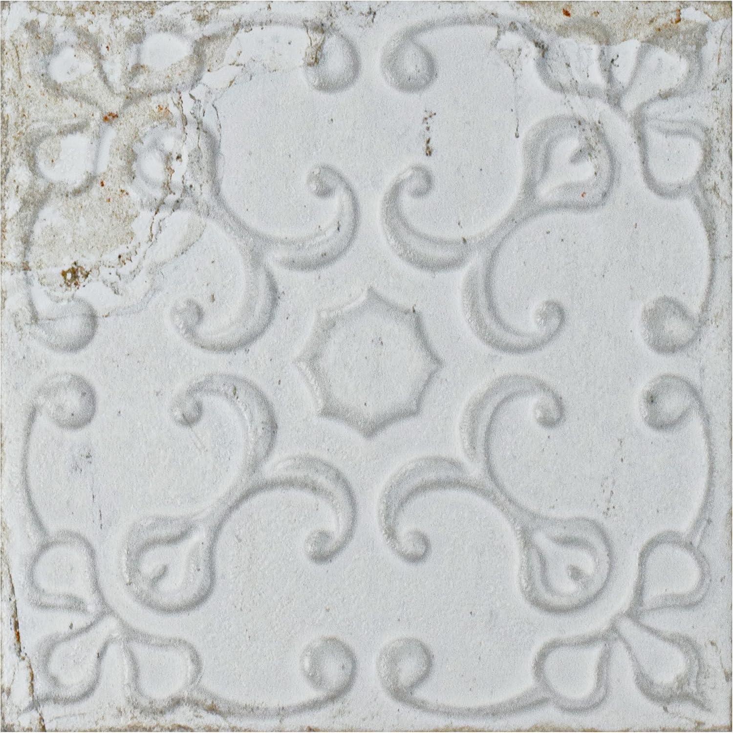 Aevum Ornato White Ceramic Wall Tile with Distressed Patterns