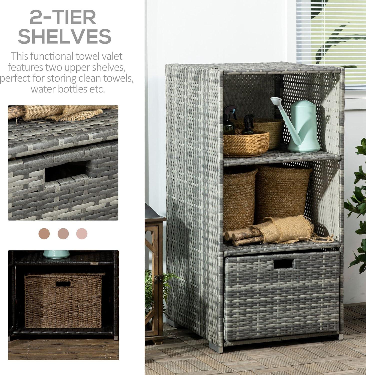 Tryimagine Outsunny Valet Pool Towel Rack, Waterproof PE Plastic Rattan Wicker Storage Organizer, Indoor Outdoor Spa, And Hot Tub Accessory Storage, 2 Shelves, 1 Basket Drawer