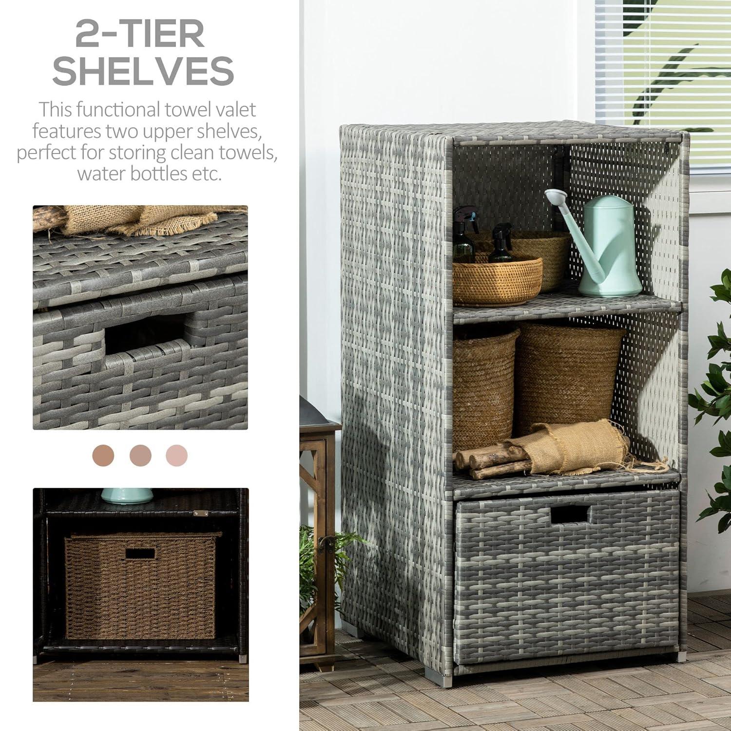 Tryimagine Outsunny Valet Pool Towel Rack, Waterproof PE Plastic Rattan Wicker Storage Organizer, Indoor Outdoor Spa, And Hot Tub Accessory Storage, 2 Shelves, 1 Basket Drawer