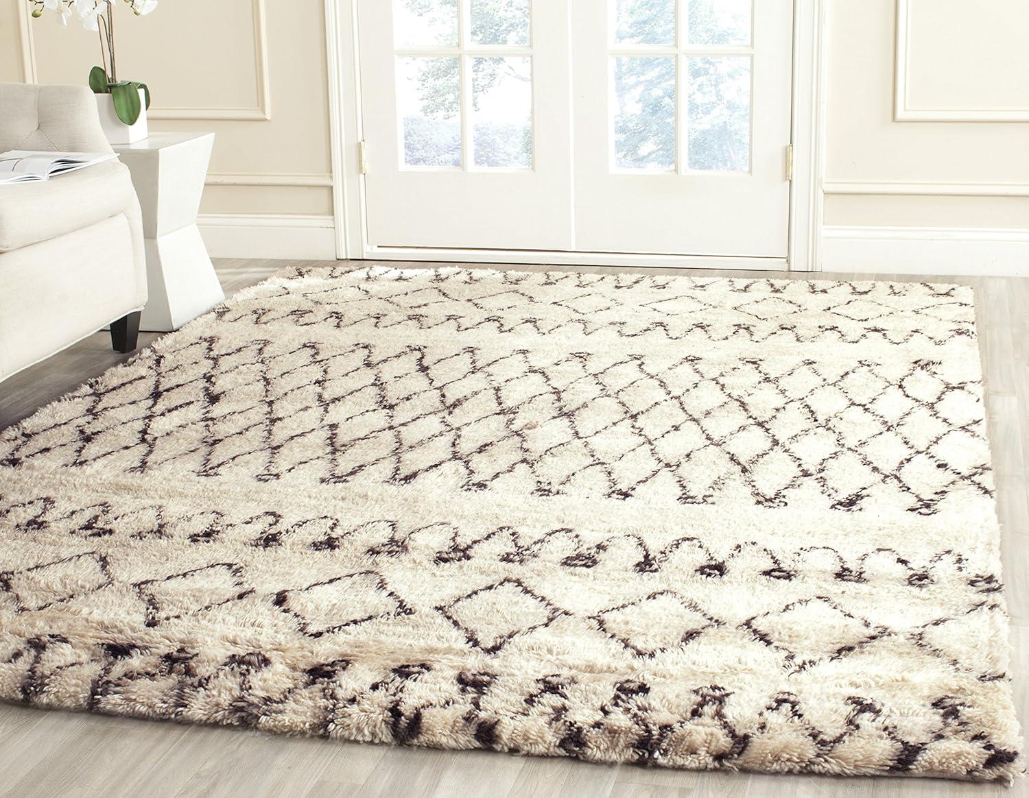 Ivory and Dark Brown Hand-Tufted Wool Shag Rug, 8' x 10'