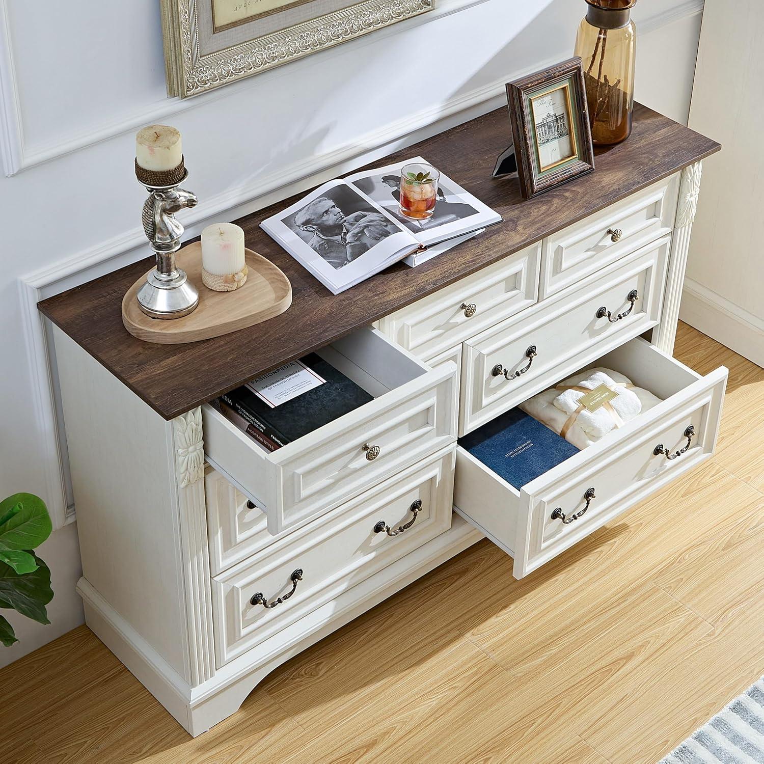 Farmhouse 7 Drawers Dresser, Dressers for Bedroom, 54" Wide Wood Rustic Chest of Drawers with Carved Pilasters, Storage Organizer, Living Room, Hallway, Antique White