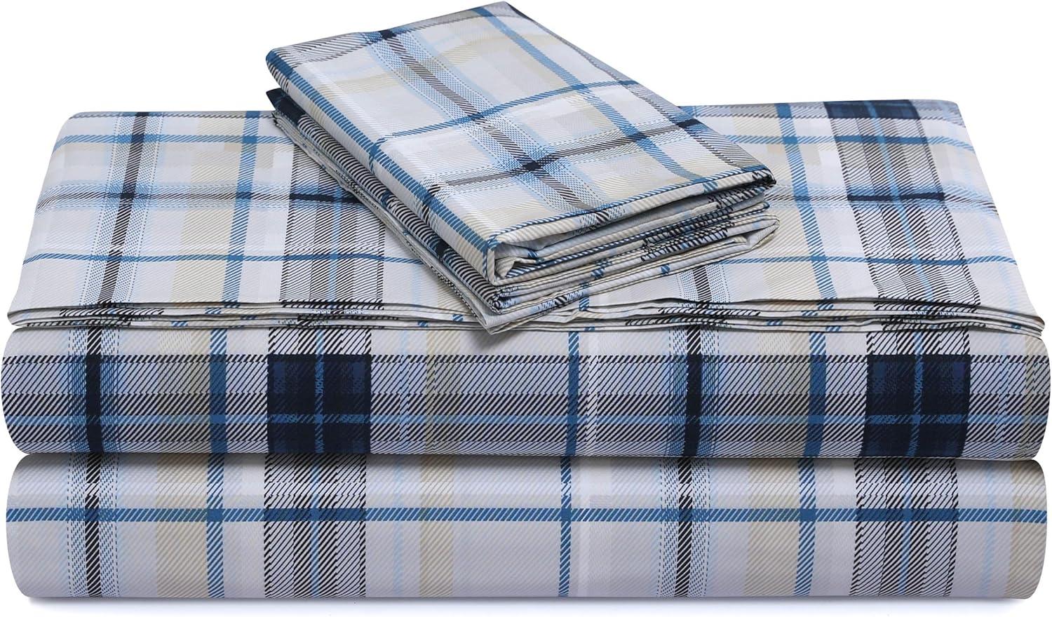 Tribeca Living Twin Tribeca Plaid 300 Thread Count Cotton Extra Deep Pocket Sheet Set