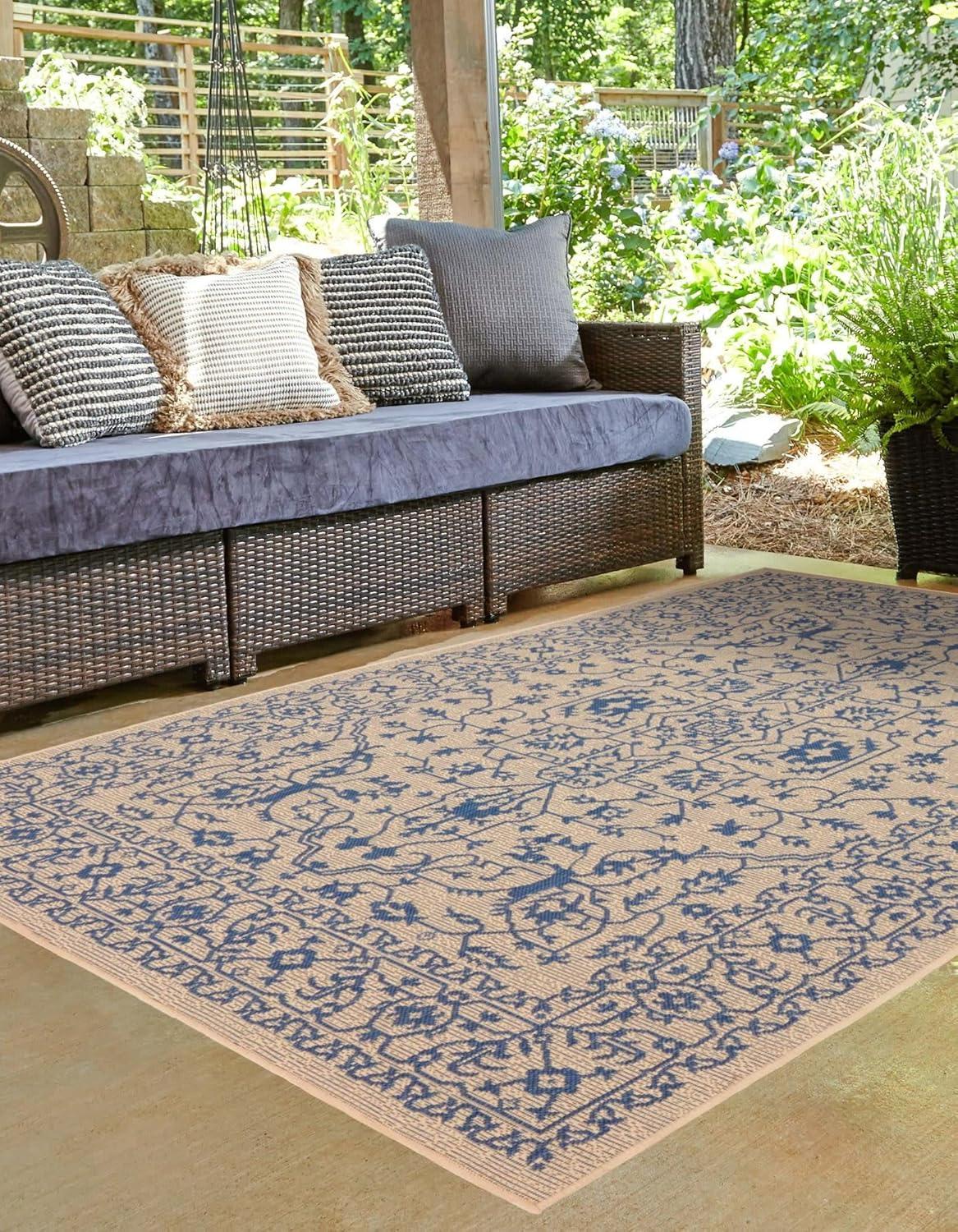 Beige and Blue Abstract Outdoor Synthetic Area Rug 7'x10'