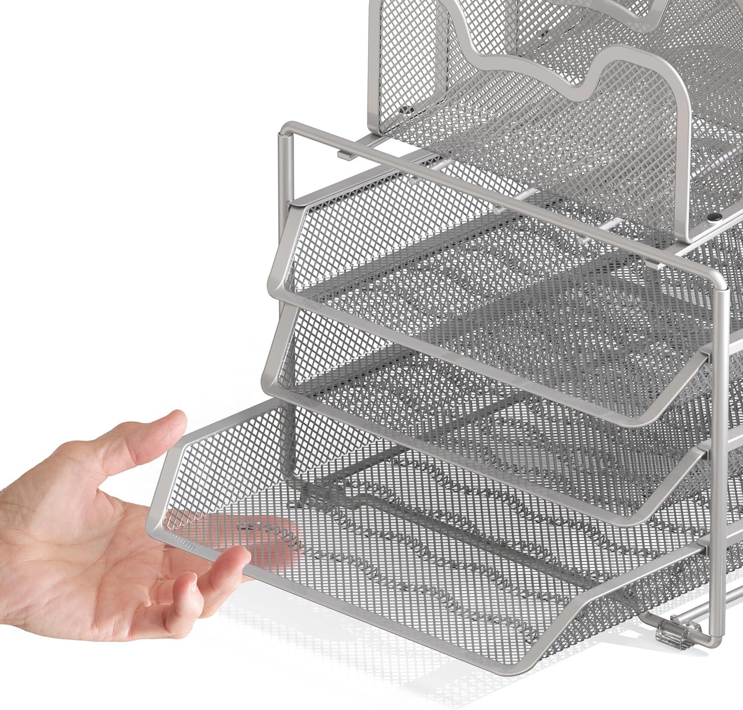 Simple Houseware Desk 3 Sliding Tray and 5 Stacking Section Organizers, Silver