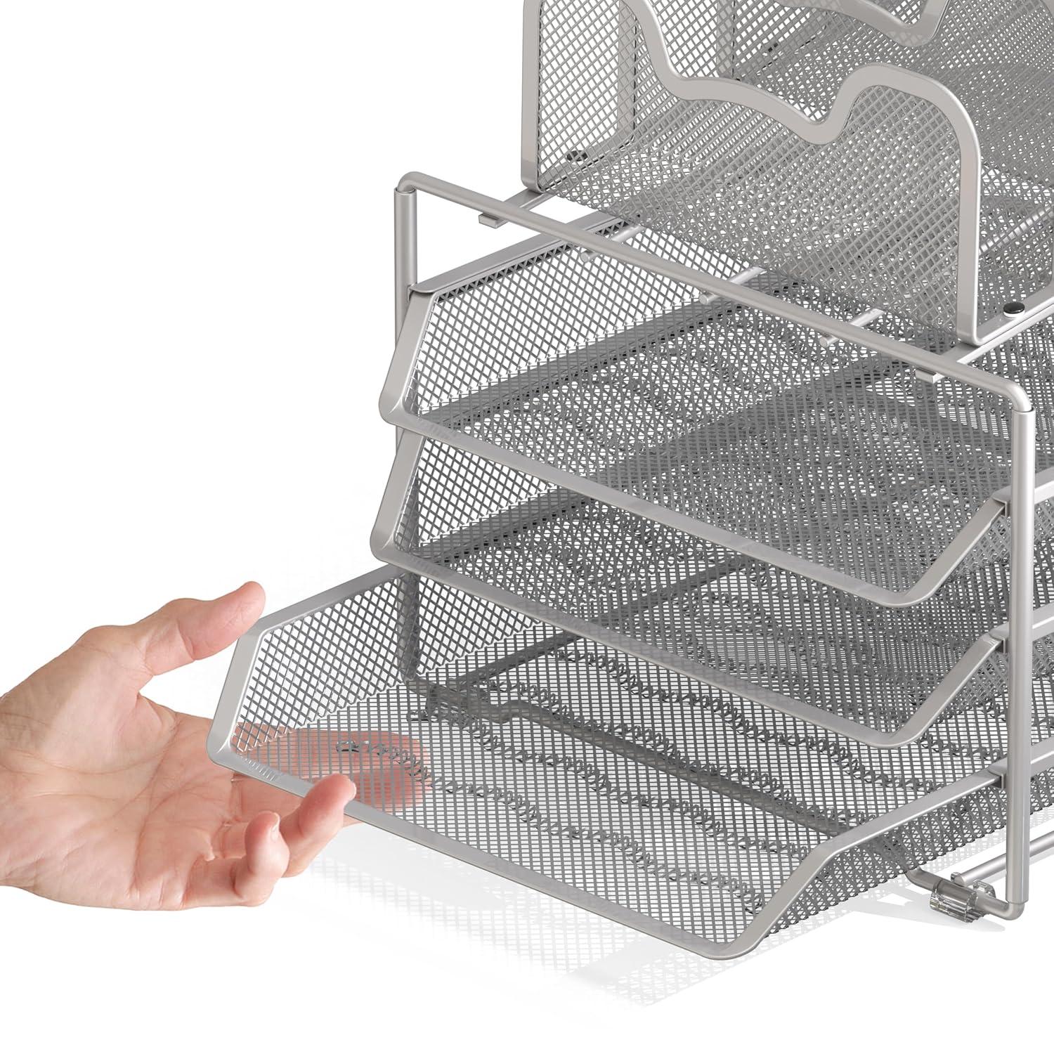 Simple Houseware Desk 3 Sliding Tray and 5 Stacking Section Organizers, Silver
