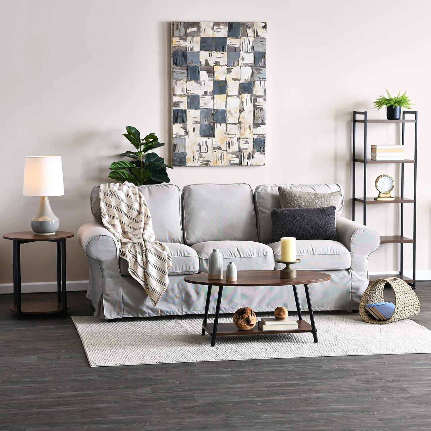 Household Essentials Jamestown Oval Coffee Table with Storage Shelf Ashwood Rustic Wood Grain and Black Metal