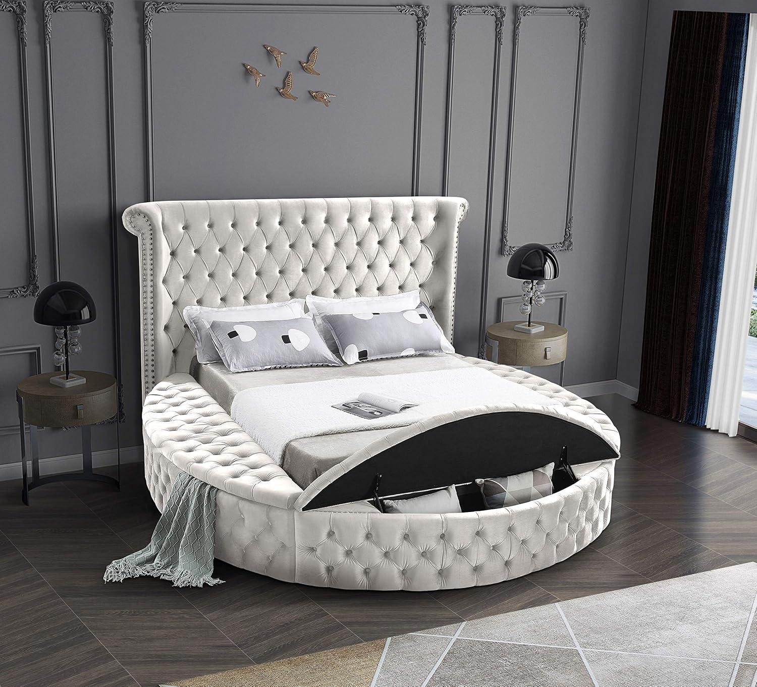 Meridian Furniture King Size Deep Button Tufting Modern Velvet Platform Bed with Storage, Cream