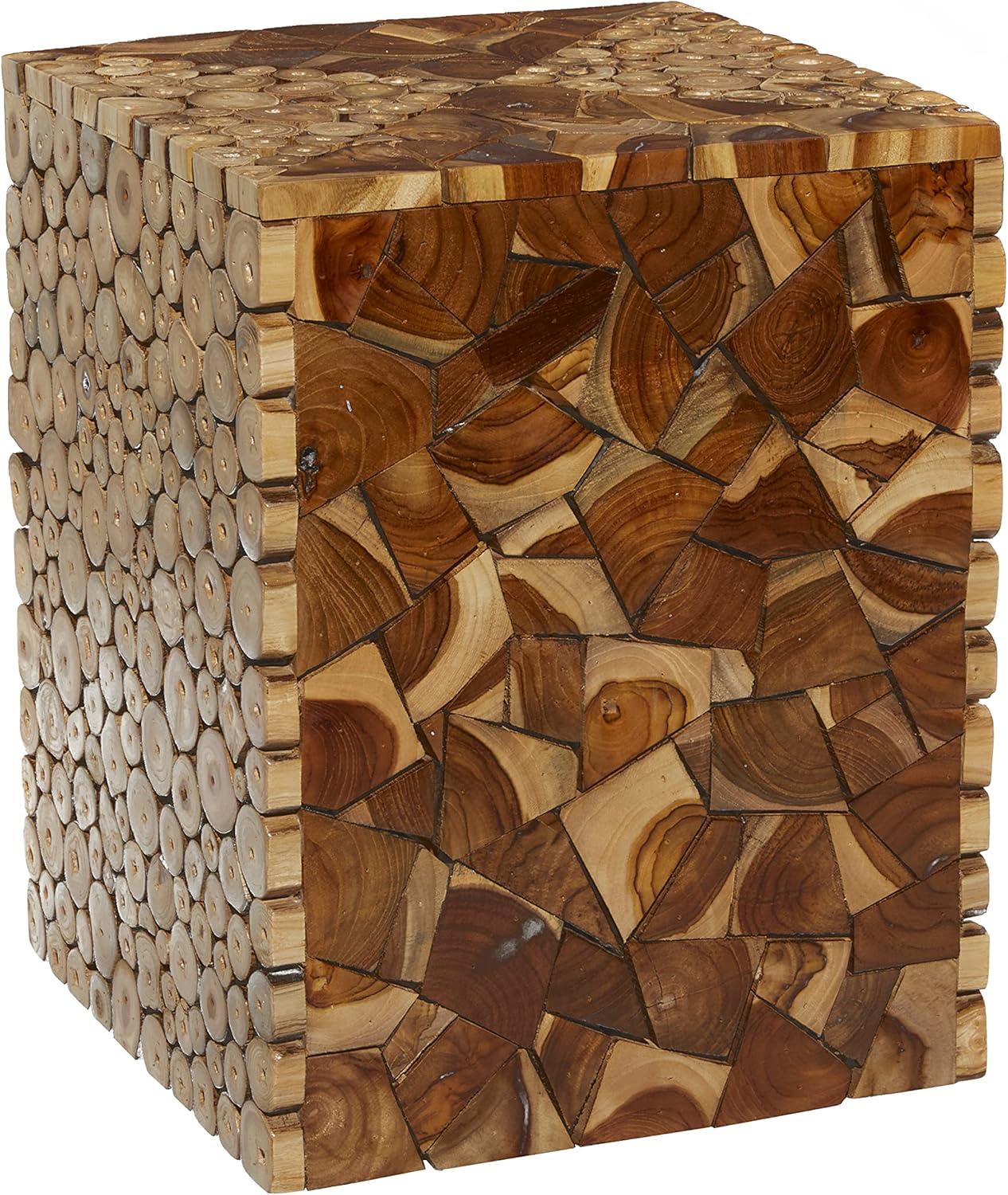 DecMode 14" x 18" Brown Teak Wood Handmade Accent Table with Mosaic Wood Chip Design, 1-Piece