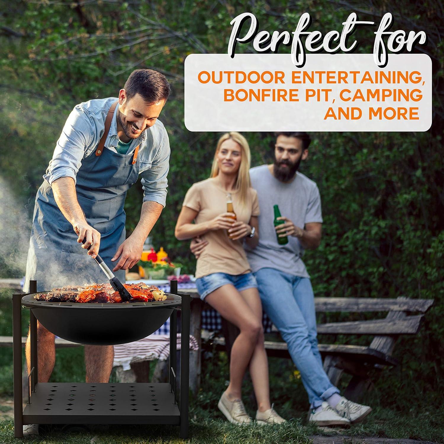 SereneLife Portable Outdoor Wood Fire Pit - 2-in-1 Steel BBQ Grill 26" Wood Burning Fire Pit Bowl w/ Mesh Spark Screen, Cover Log Grate SLCARFP54