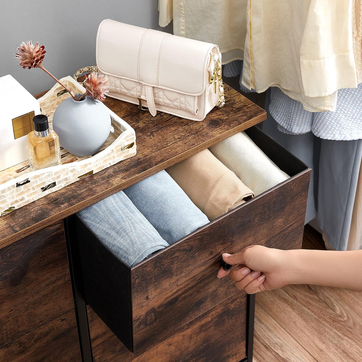 Rustic Brown and Black 6-Drawer Fabric Dresser with Metal Frame