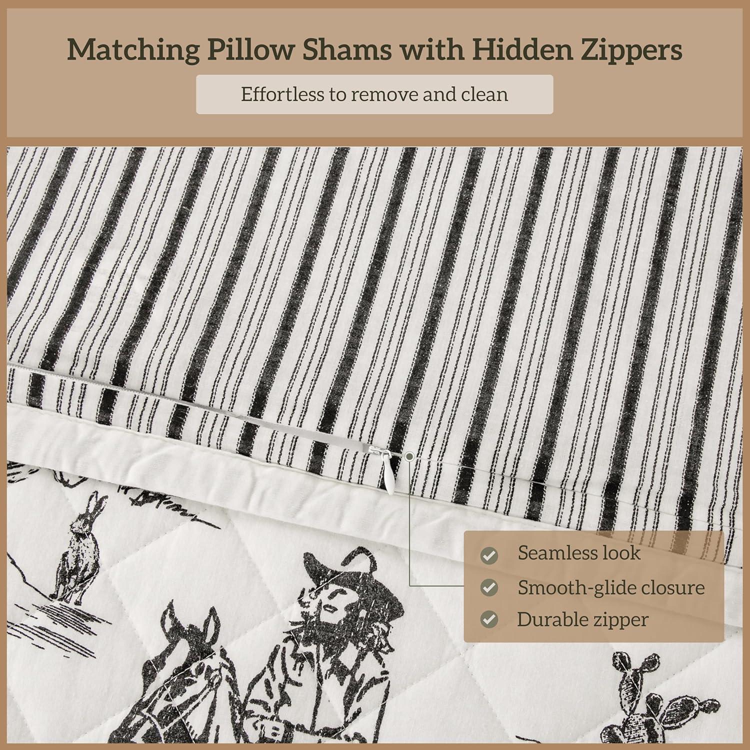 Paseo Road by HiEnd Accents Ranch Life White/Black Cotton Reversible Western Rustic Farmhouse 3 Piece Quilt Set