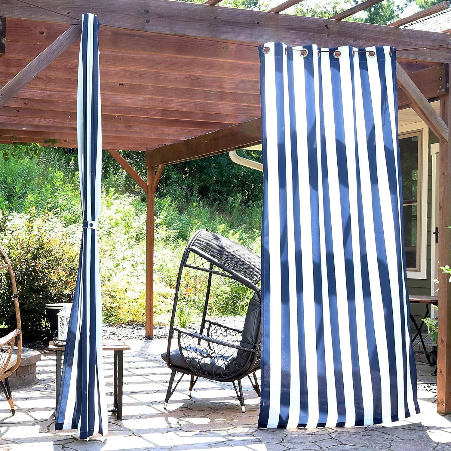 Sunnydaze Modern 2-Piece Blue and White Stripe Light-Filtering Curtain Set