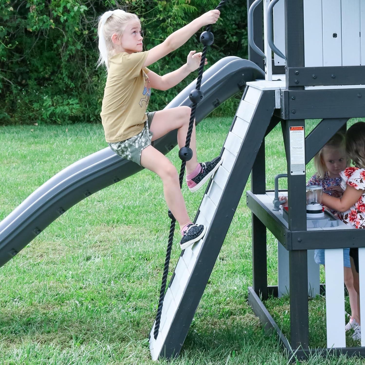 Whispering Point White and Gray Cedar Wooden Swing Set with Wave Slide