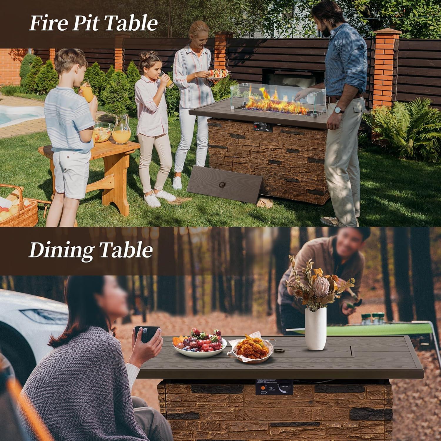 43" Propane Fire Pit Table Outdoor Stone Firepit Table Rectangular 50000 BTU Propane Fire Tables for Outside Patio with Wind Guard, Table Lid, Fire Beads, Cover,Pizzello Caldo (Buff)