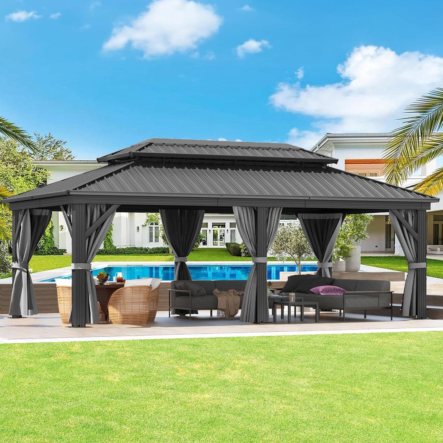 Aoxun 12x20 Hardtop Gazebo, Outdoor Galvanized Steel Double Roof Canopy with Netting and Curtains for Garden, Patio, Lawns, Gray
