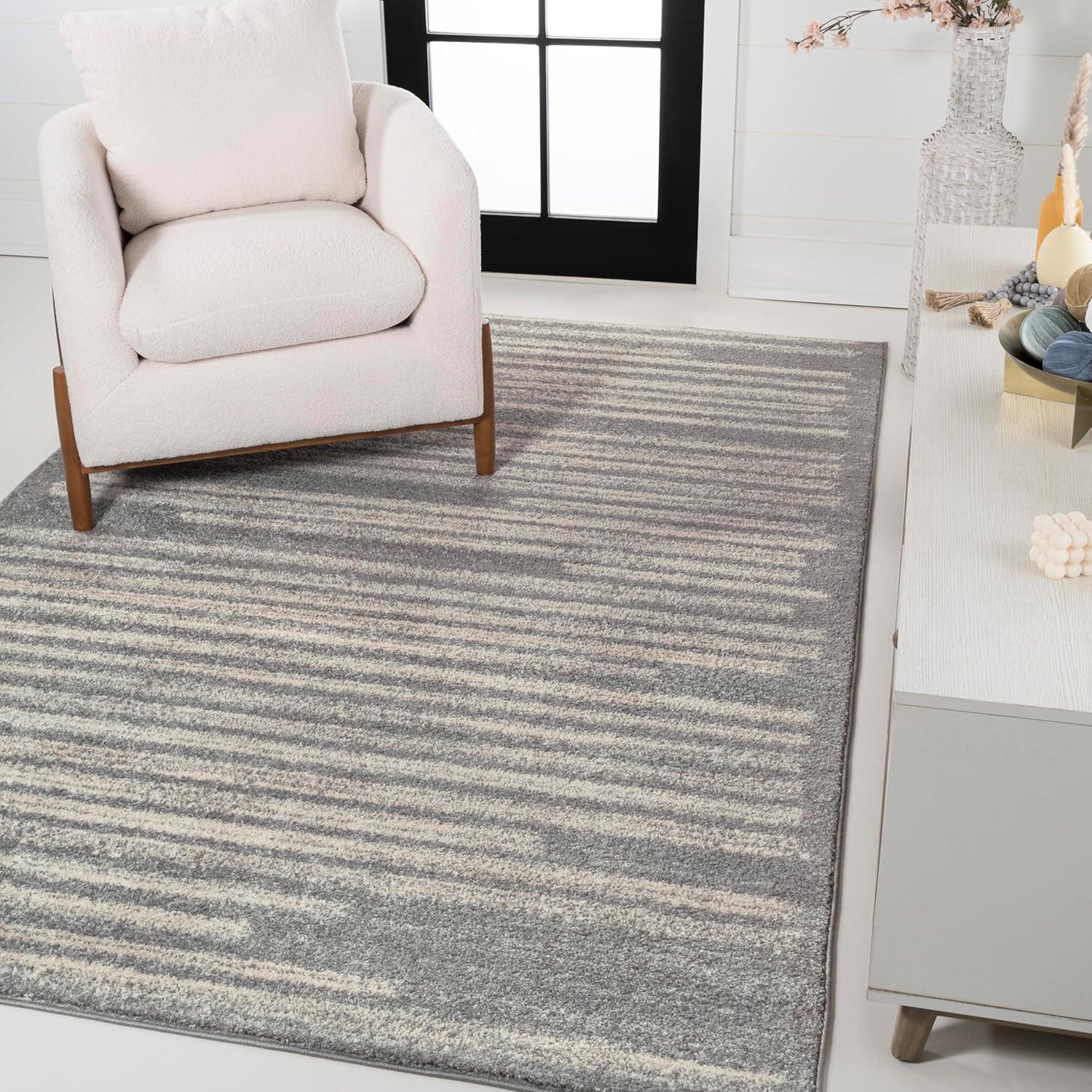 Gray and Cream Rectangular Synthetic Stripe Area Rug 3' x 5'