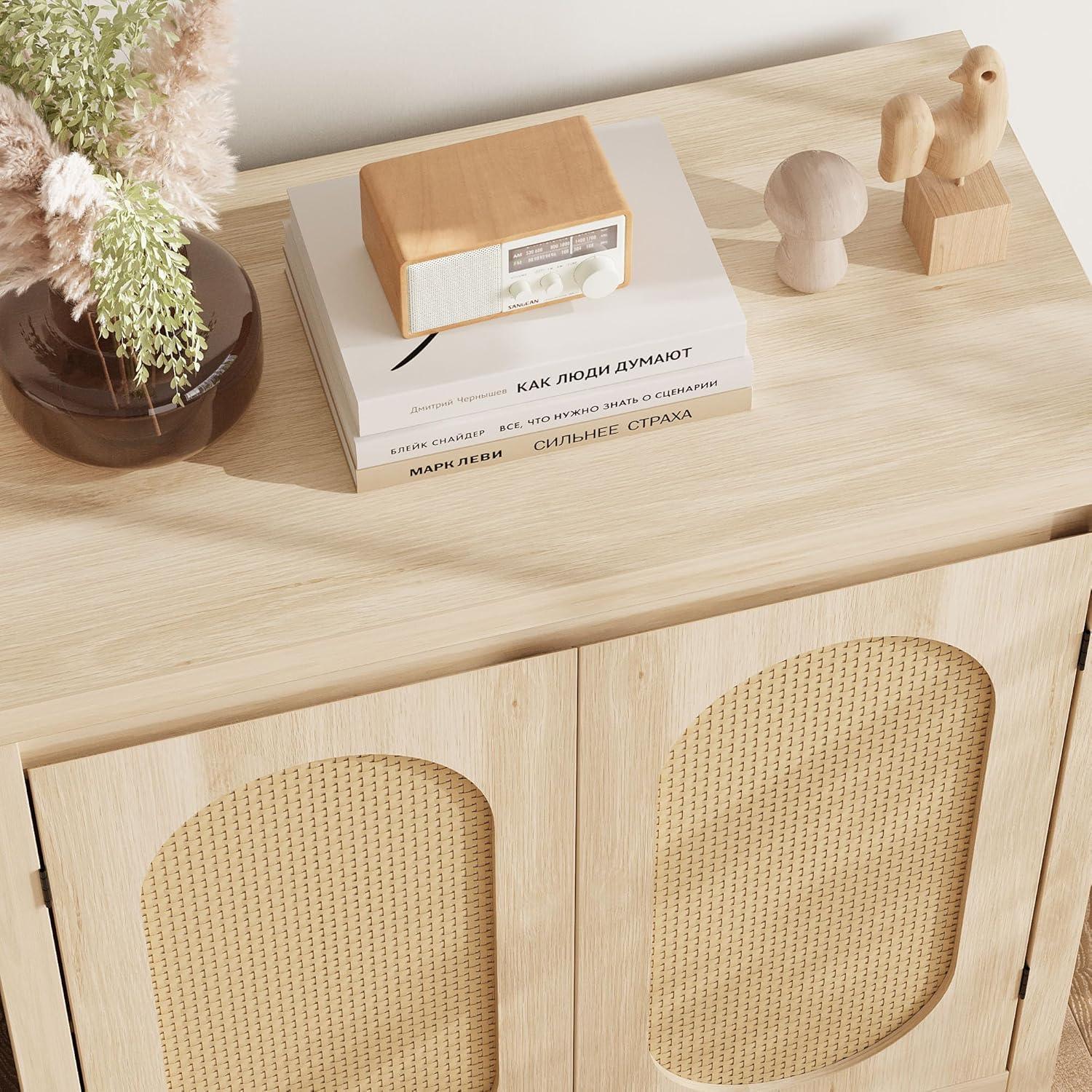 Rattan Storage Cabinet, Wooden Sideboard Buffet Cabinet with Doors and Shelves, Small Console Cabinet with Storage