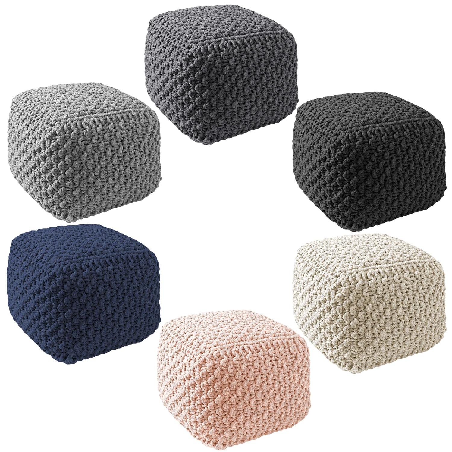 Casafield Casafield Square Pouf Ottoman, Cotton Knit Upholstered Footrest - Black
