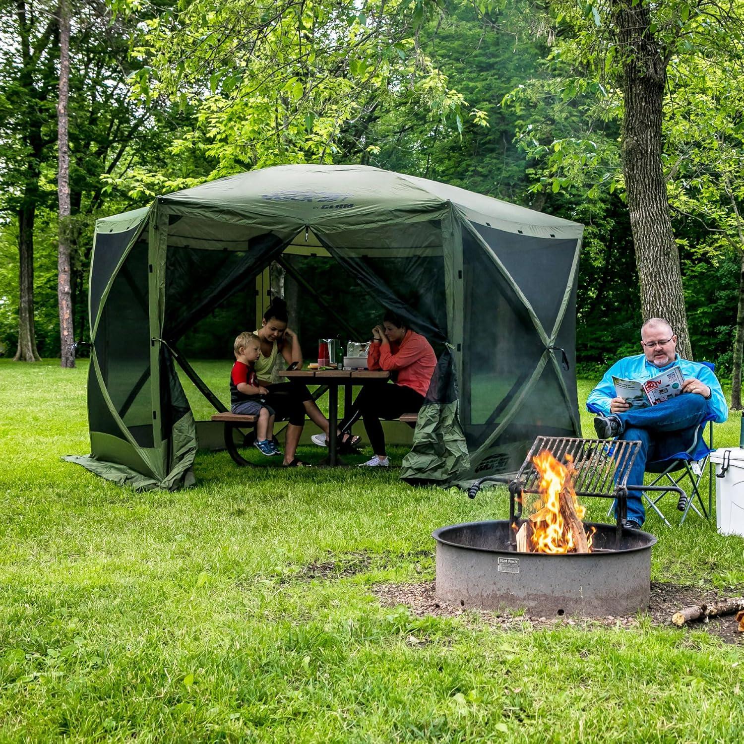 CLAM Quick-Set Escape 11.5 x 11.5 Ft Portable Pop-Up Outdoor Camping Screen Tent 6-Sided Canopy Shelter w/ Carry Bag & 6 Sun and Wind Panels, Green