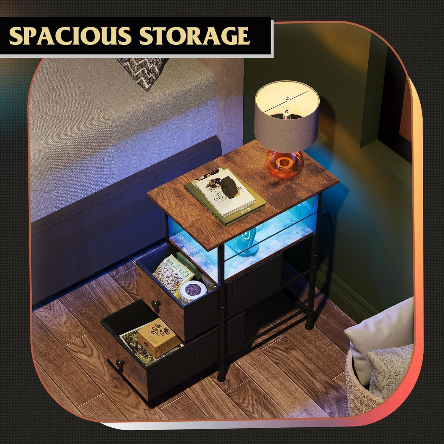 WLIVE Night Stand Set of 2 with Charging Station, LED Nightstand Sets with 2 Fabric Drawers and Storage Shelf, Small Bedside Tables for Small Spaces, Dresser for Bedroom, Rustic Brown