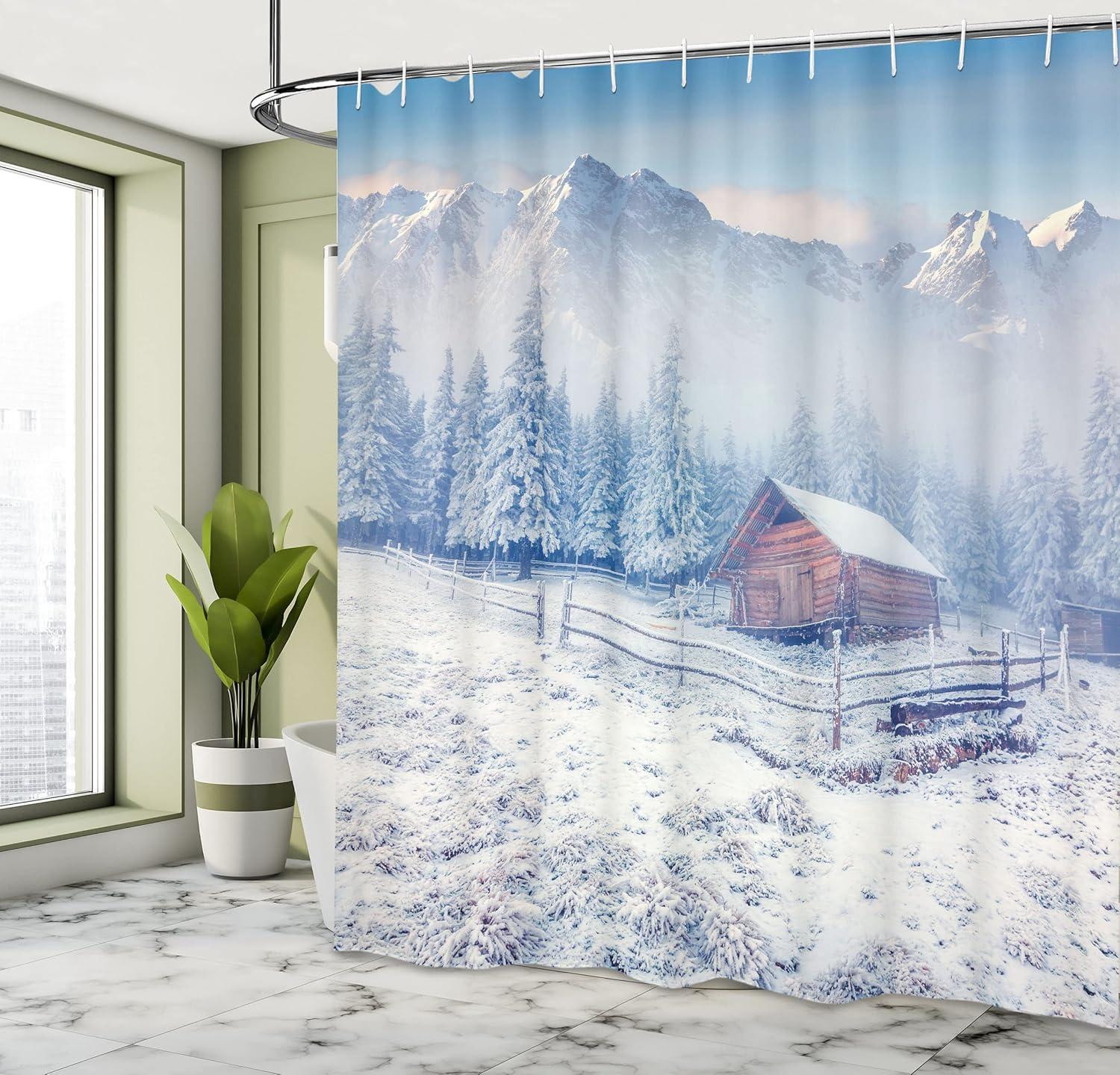 Ambesonne Winter Shower Curtain, Old Farmhouse Rustic, 69"Wx70"L, Caramel White Blue