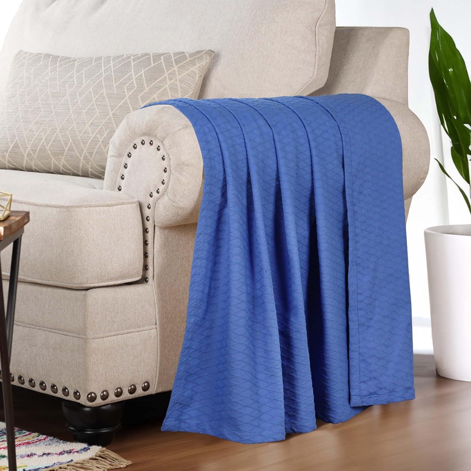 Merritt Blue Cotton Diamond Weave Knitted Throw Blanket