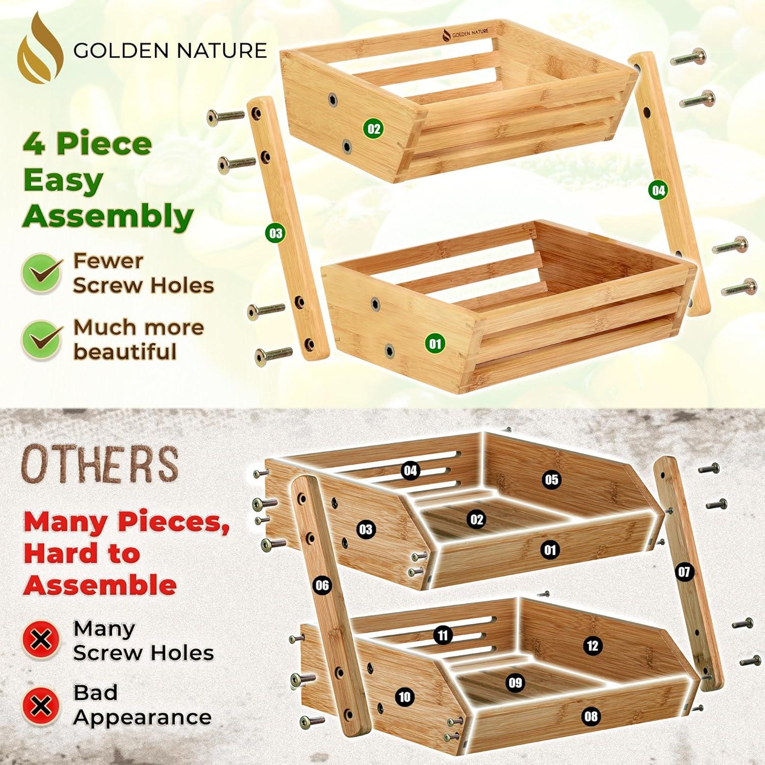 Bamboo Basket for Kitchen Counter Fruit & Vegetable Storage, Two Tier Wooden Fruit Bowl by Golden Nature