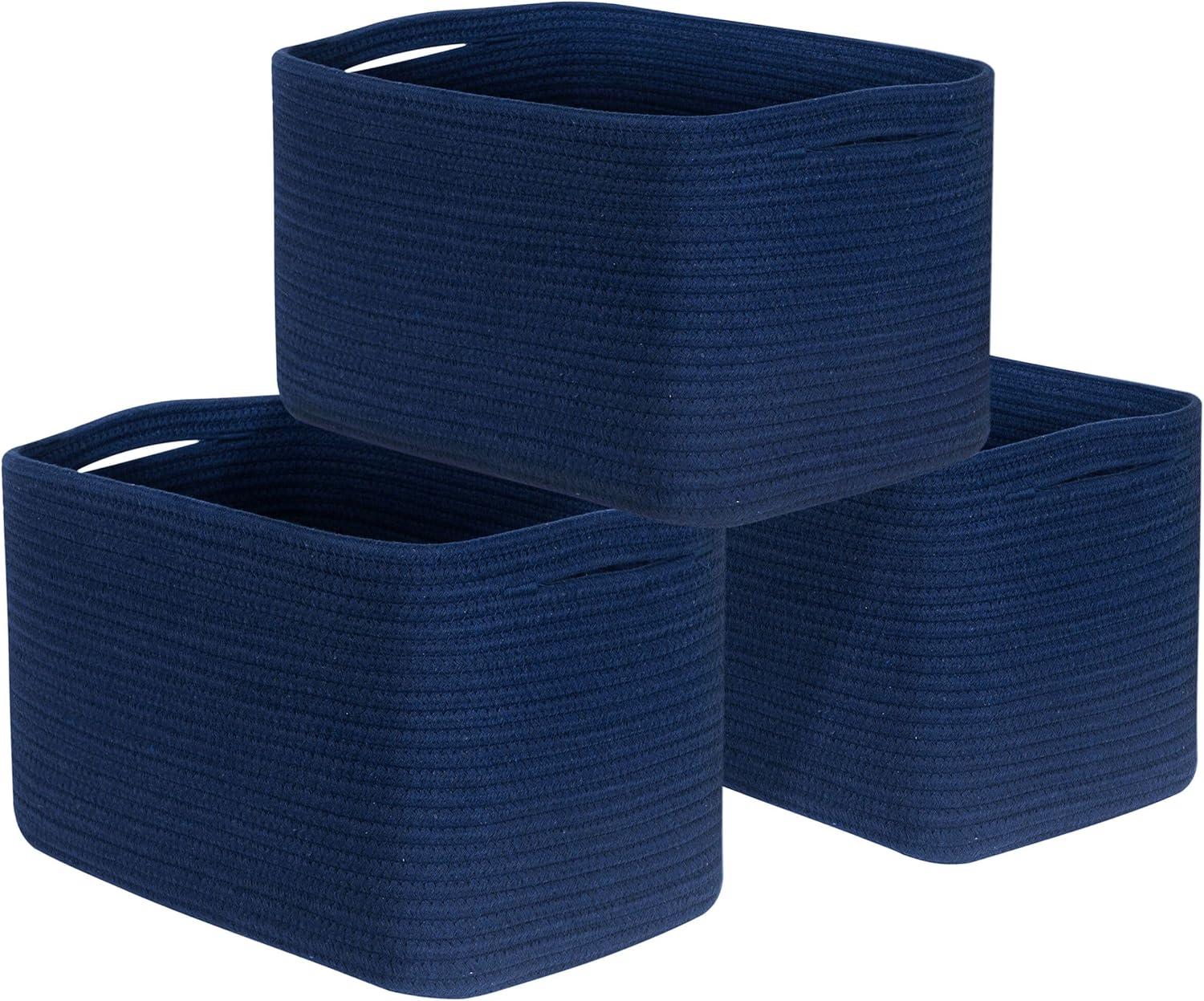 Design 3-Pack Storage Baskets for Shelves, Decorative Baskets for Organizing, Woven Baskets for Storage, Book Basket Cube Storage Bin Box, Pantry Closet and Shoe Organizers, Navy Blue