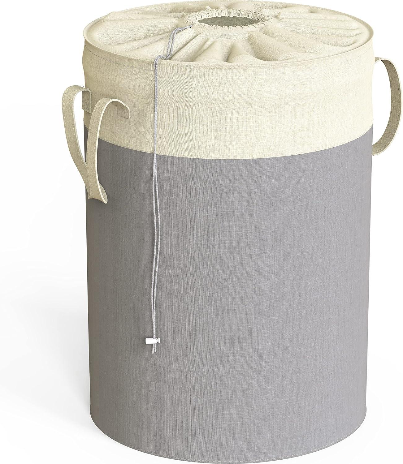 Gray and Beige Collapsible Terylene Cotton Laundry Hamper with Lid