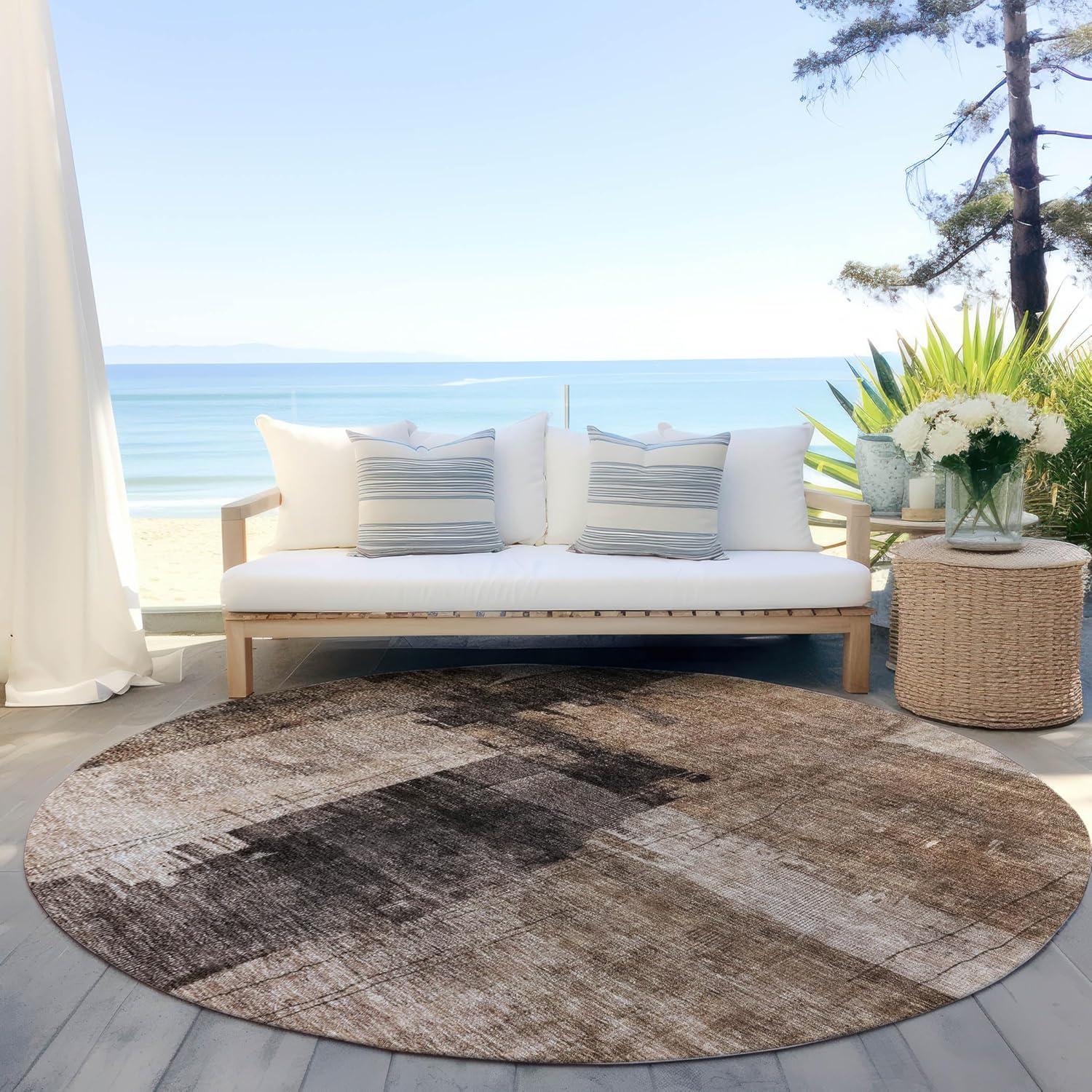 Chantille Brown Abstract Round Washable Synthetic Rug 8'