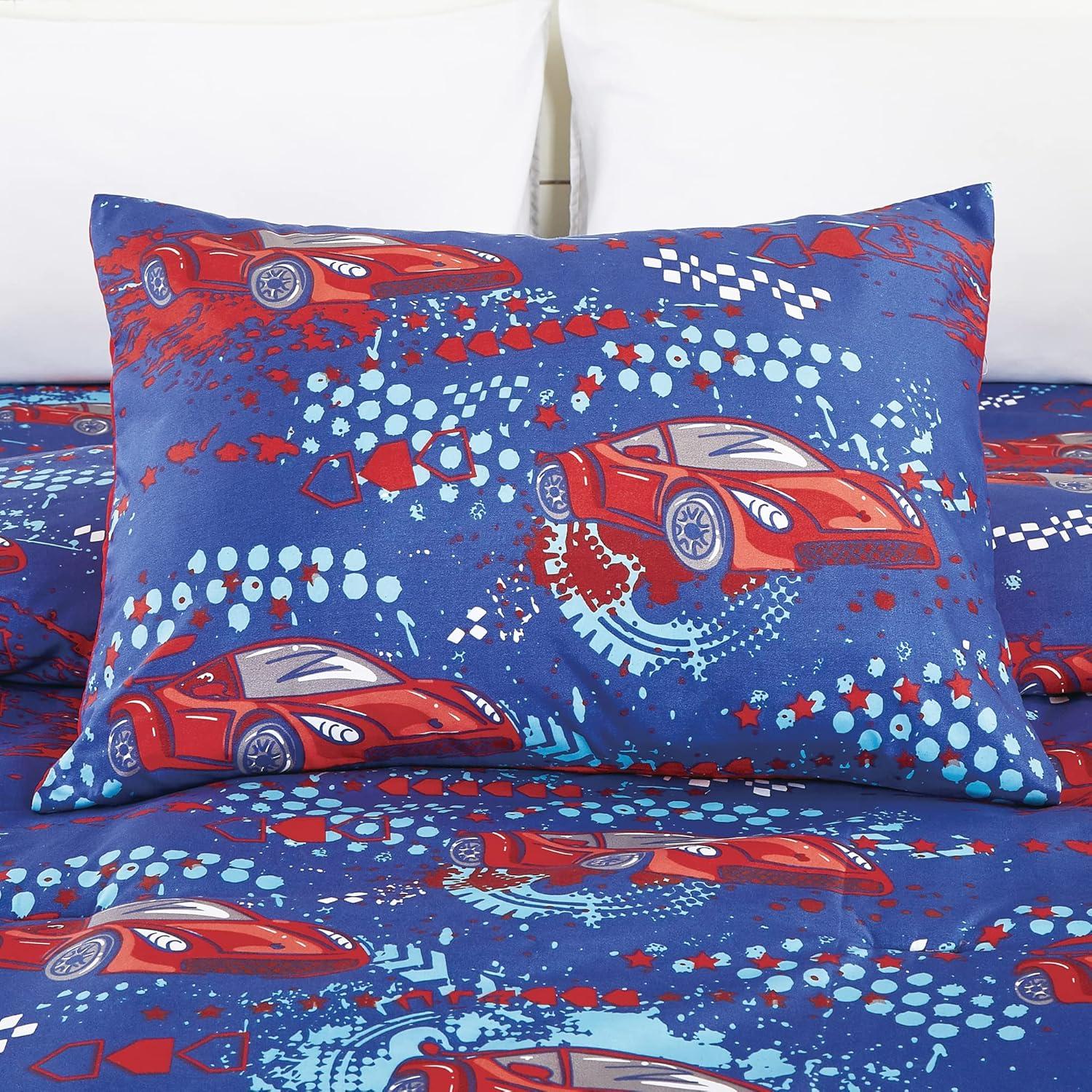 Red Race Cars Print Comforter Set for Boys Girls Teen, Twin Size Bedding for Race car Fan