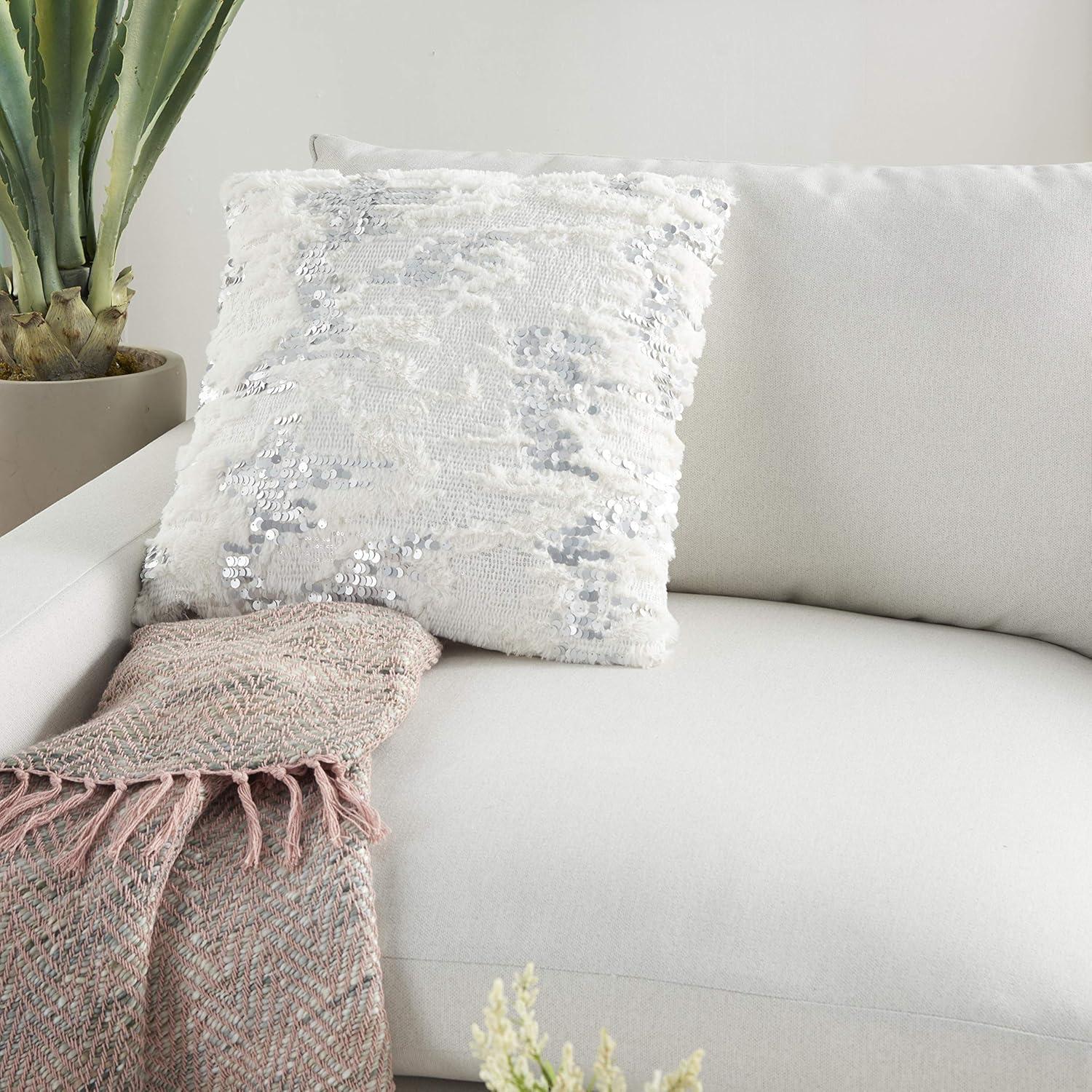 Mina Victory Sofia Modern Faux Fur Sequins Throw Pillow in White