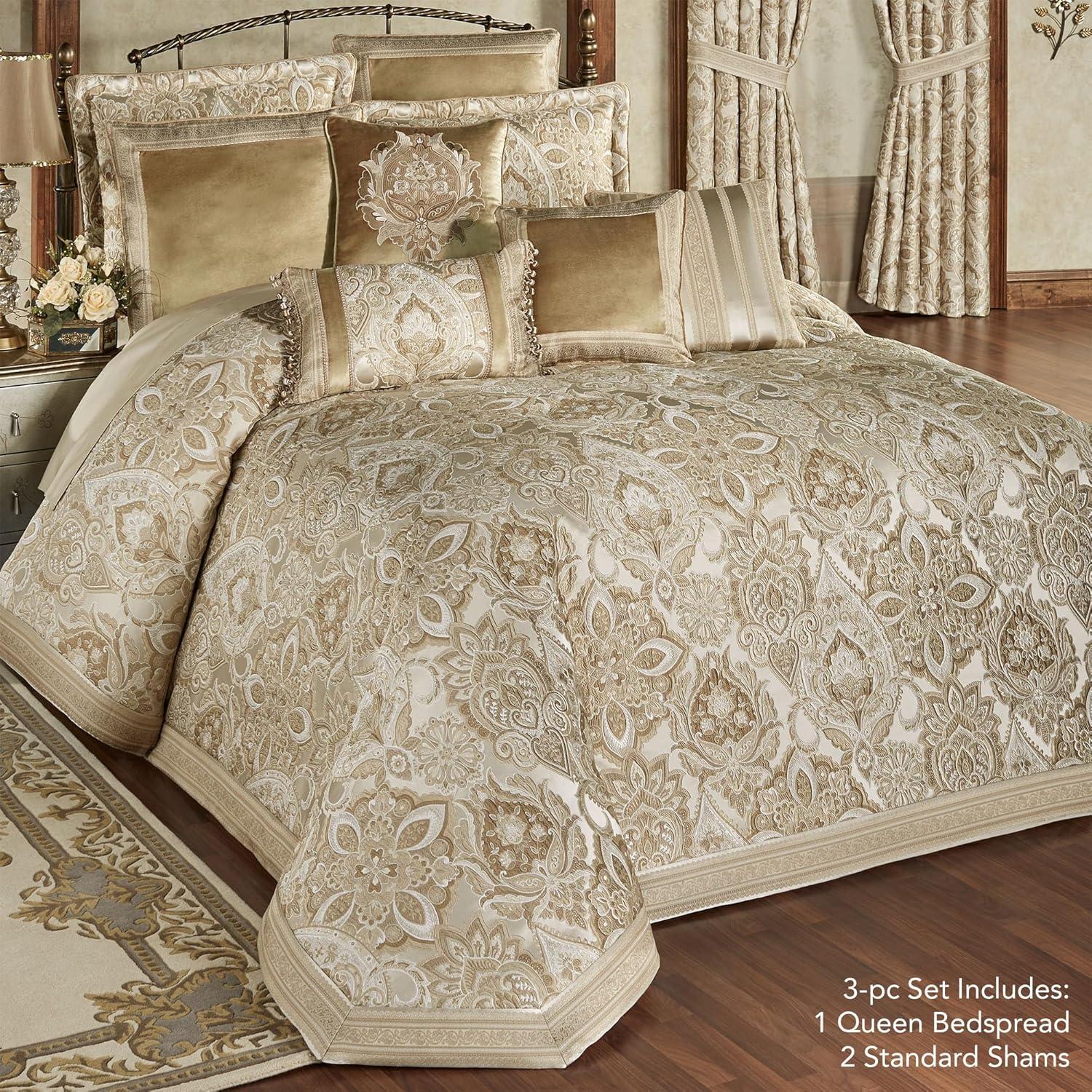 Albany Luxury Bedding | Soothing Neutral Tones of Champagne and Ivory | Jacobean Floral Inspired Damask, Medallions, and Stripes | 3 Piece Bed Set Includes Oversized Queen Bedspread & 2 Standard Shams