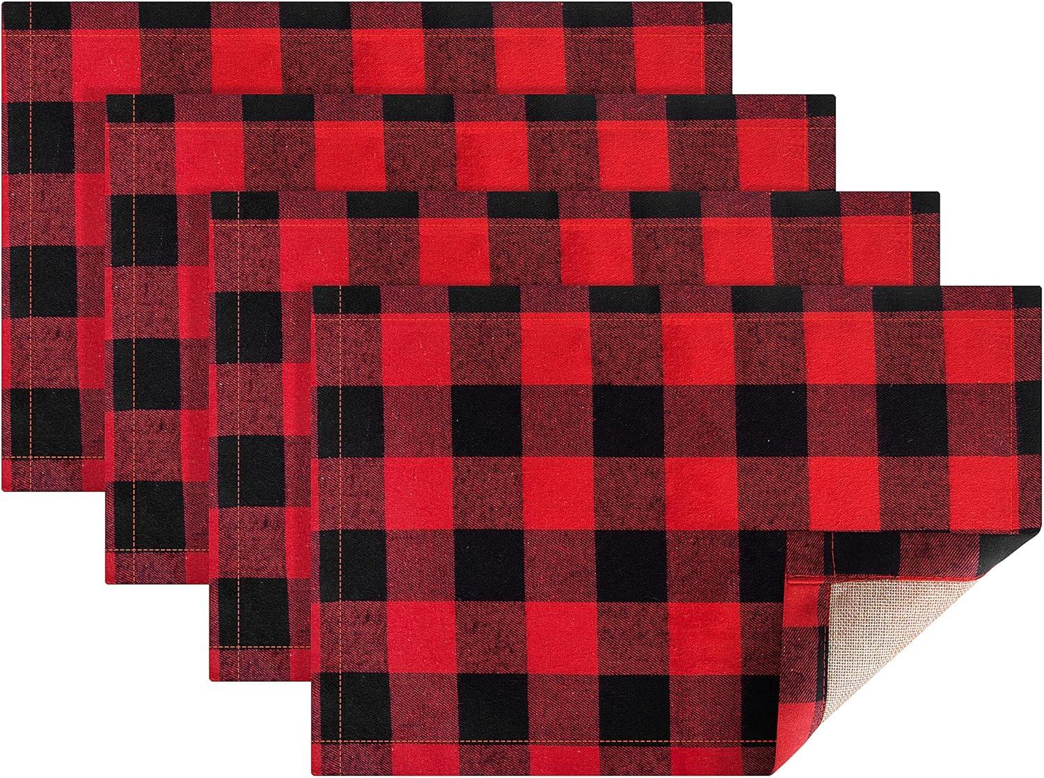 Creowell  Christmas Buffalo Plaid Placemats Set of 4, Reversible Red and Black Buffalo Check Place Mats Christmas Dining Table Decorations 18x12in