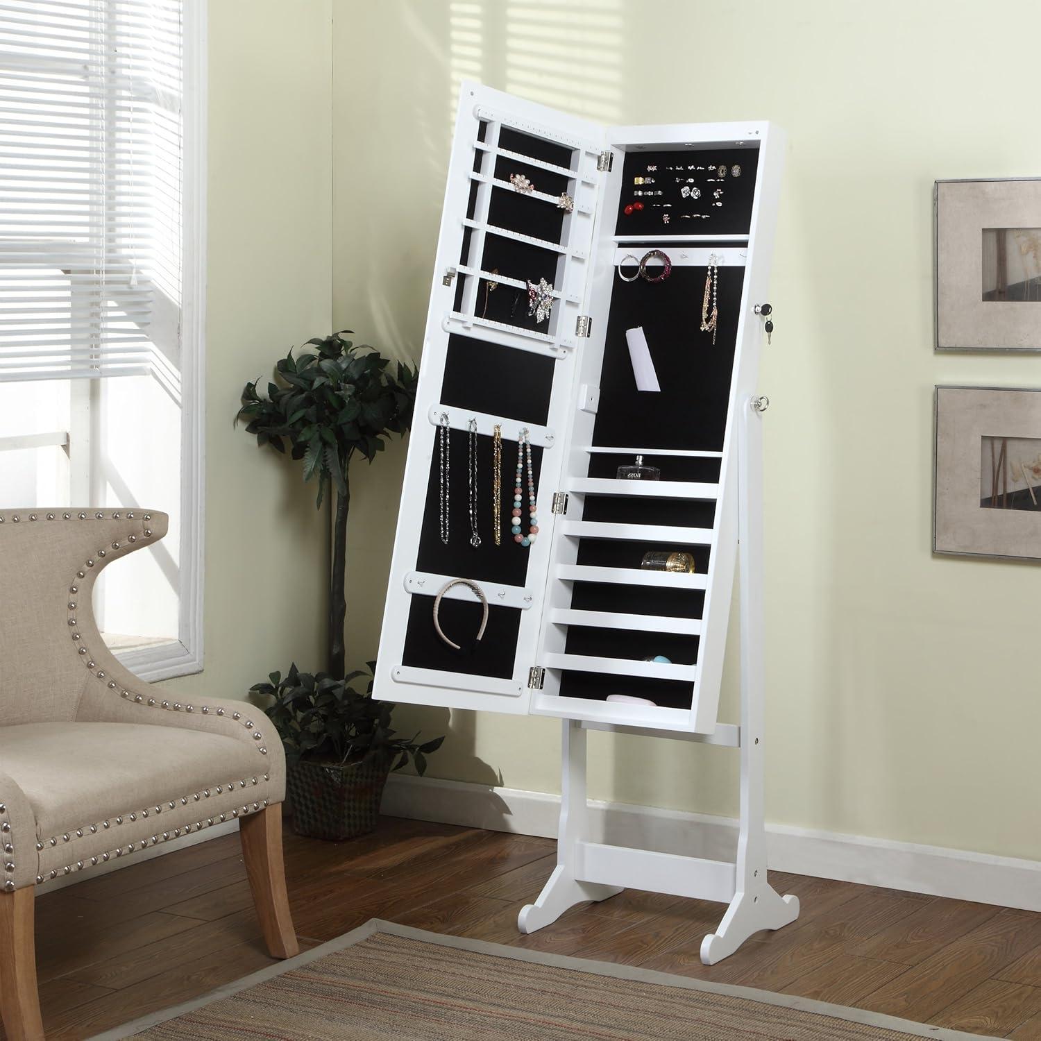 White Floor-Standing Mirror Jewelry Armoire with LED Light