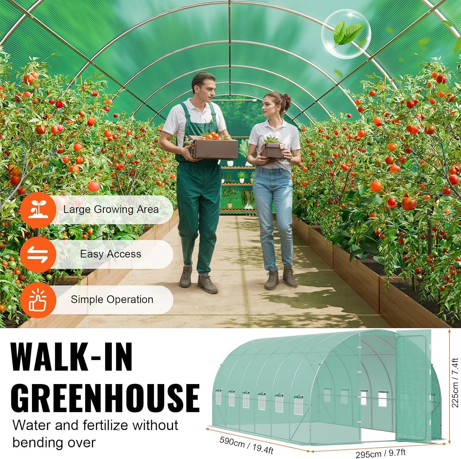 VEVOR Walk-in Tunnel Greenhouse, 27.4x9.5x7.4 ft Hoop House Greenhouse Tunnel, Plant Hot House with Galvanized Steel Frame, Green PE Cover, Swing Door and 16 Roll-up Windows for Outdoor