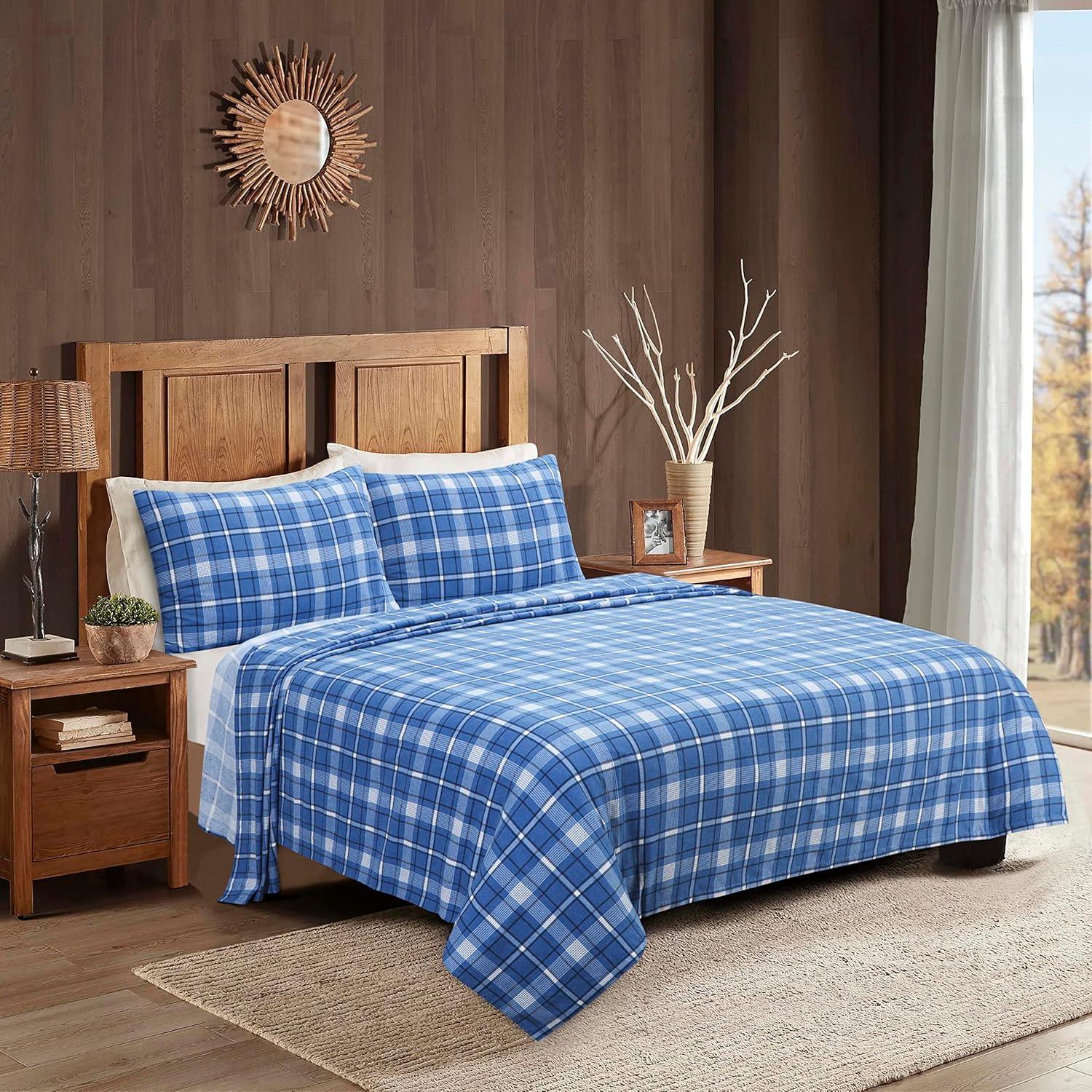 Queen Dark Blue Plaid Cotton Flannel Sheet Set