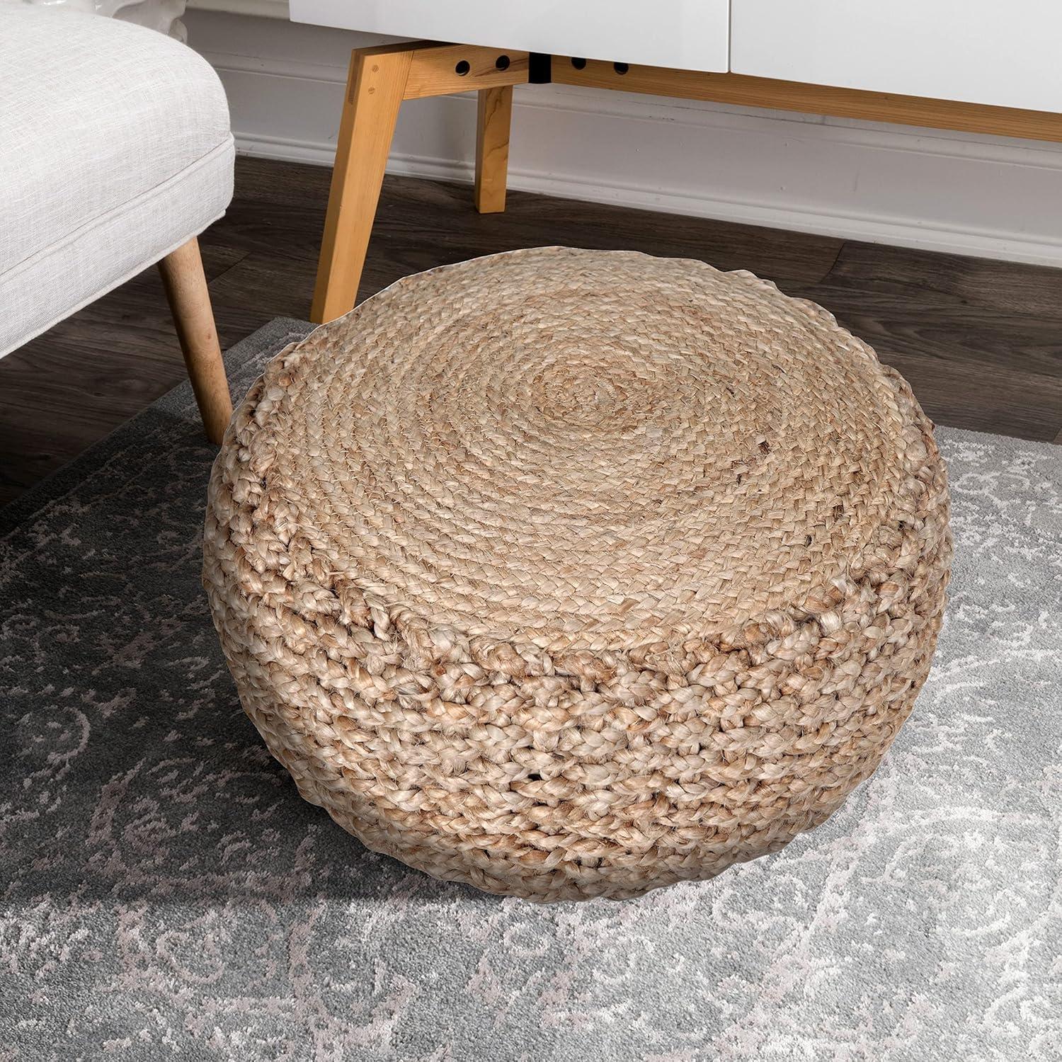 LR Home Small Braided Solid Indoor Round Pouf, Natural, 20" x 20" x 10"