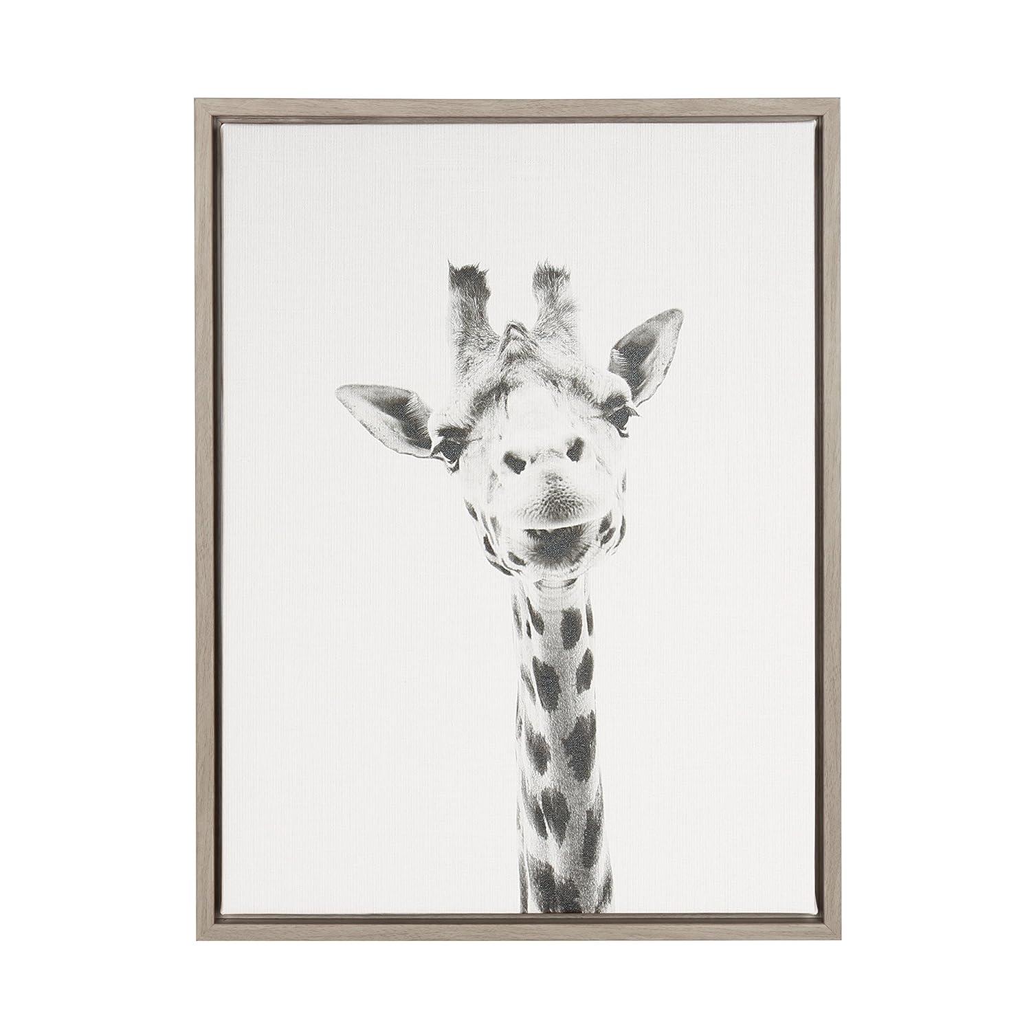 24" x 18" Giraffe Framed Kids' Canvas Art Gray - Uniek: Giraffe Picture for Kids Room, Animal Wall Art, Vertical Photograph
