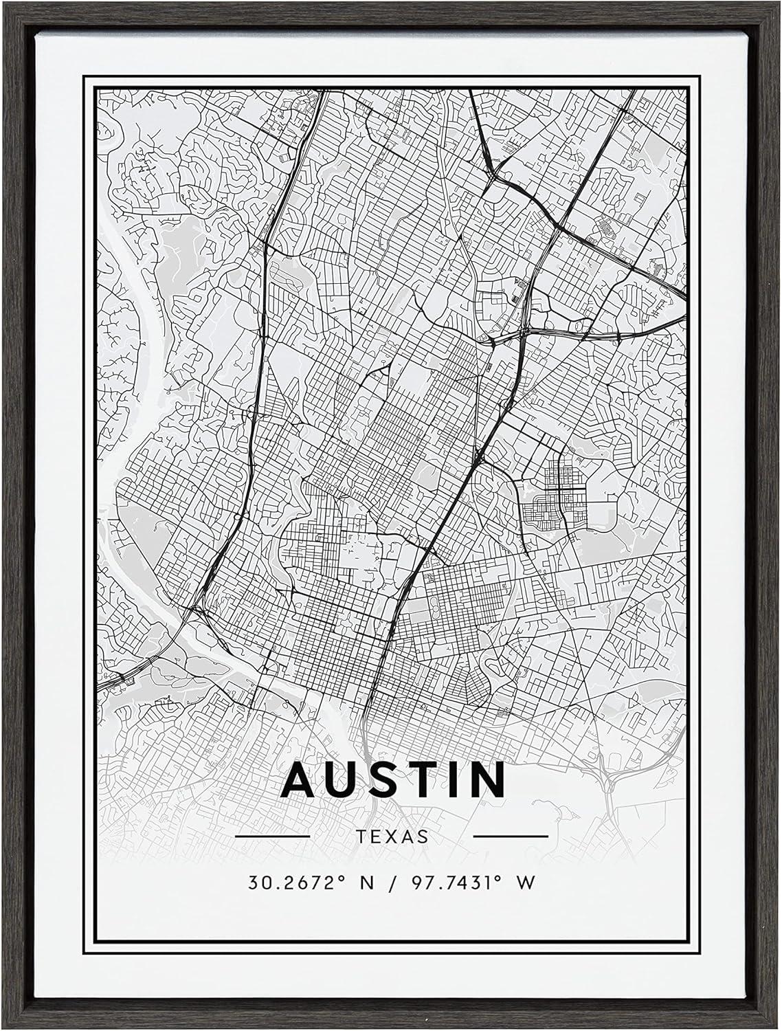 Austin Modern Map Framed Canvas Wall Art, 18x24, Dark Gray