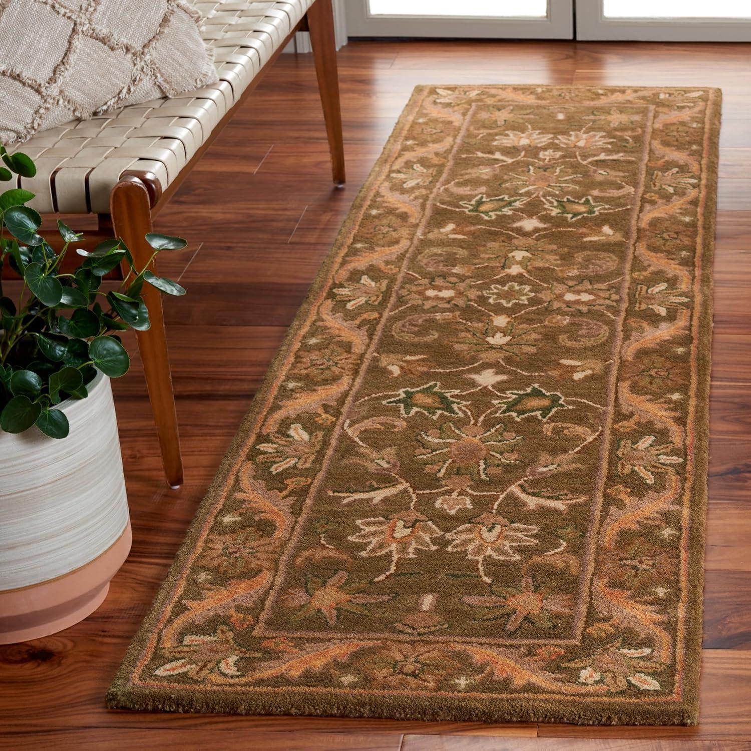 SAFAVIEH Antiquity Carmella Floral Bordered Wool Runner Rug, Olive/Gold, 2'3" x 16'